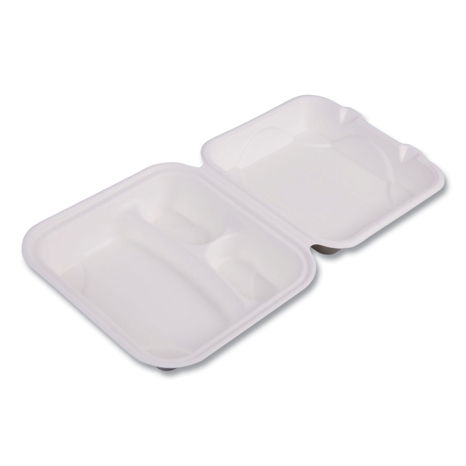 Eco-Products® Vanguard Renewable and Compostable Sugarcane Clamshells, 3 Compartments, 8 x 8 x 3, White, 200/Carton