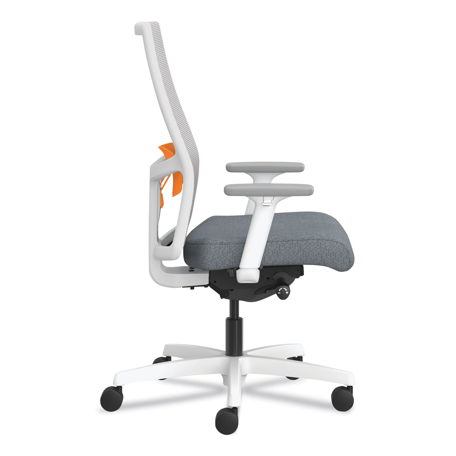 HON® Ignition 2.0 4-Way Stretch Mid-Back Task Chair, Orange Adjustable Lumbar Support, Basalt Seat, Fog Back, White Base