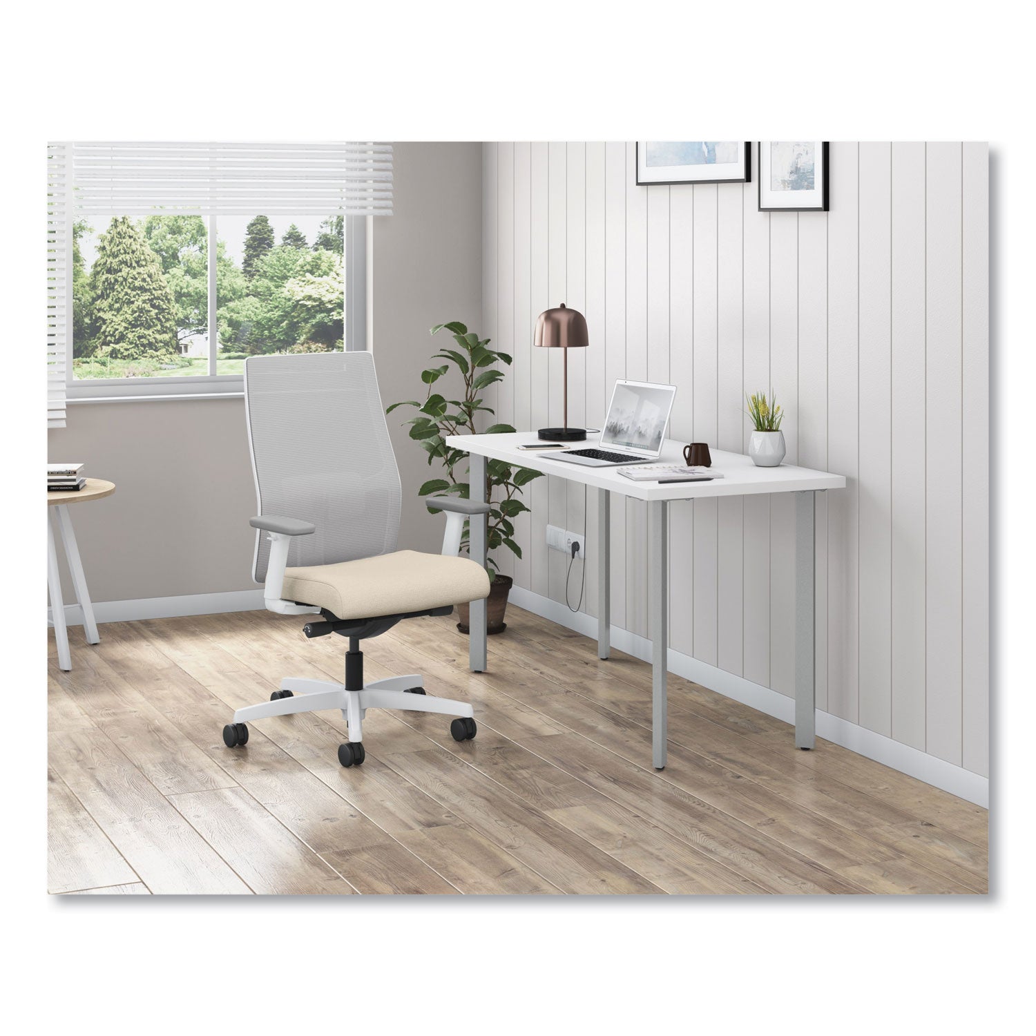 HON® Ignition 2.0 4-Way Stretch Mid-Back Task Chair, White Adjustable Lumbar Support, Biscotti Seat, Fog Back, White Base