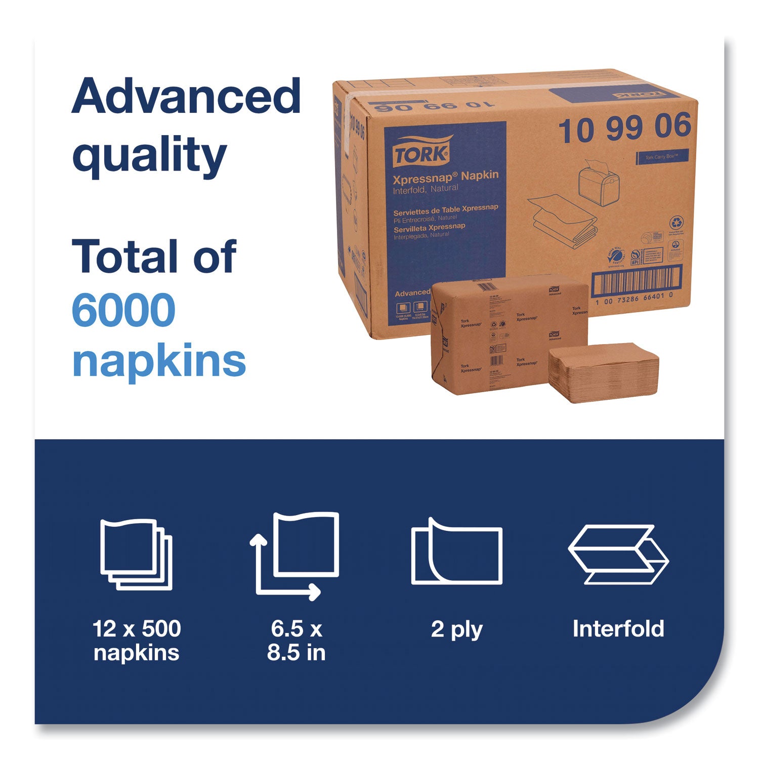 Tork® Xpressnap Interfold Dispenser Napkins, 2-Ply, 6.5 x 8.5, Natural, 500/Pack, 12 Packs/Carton