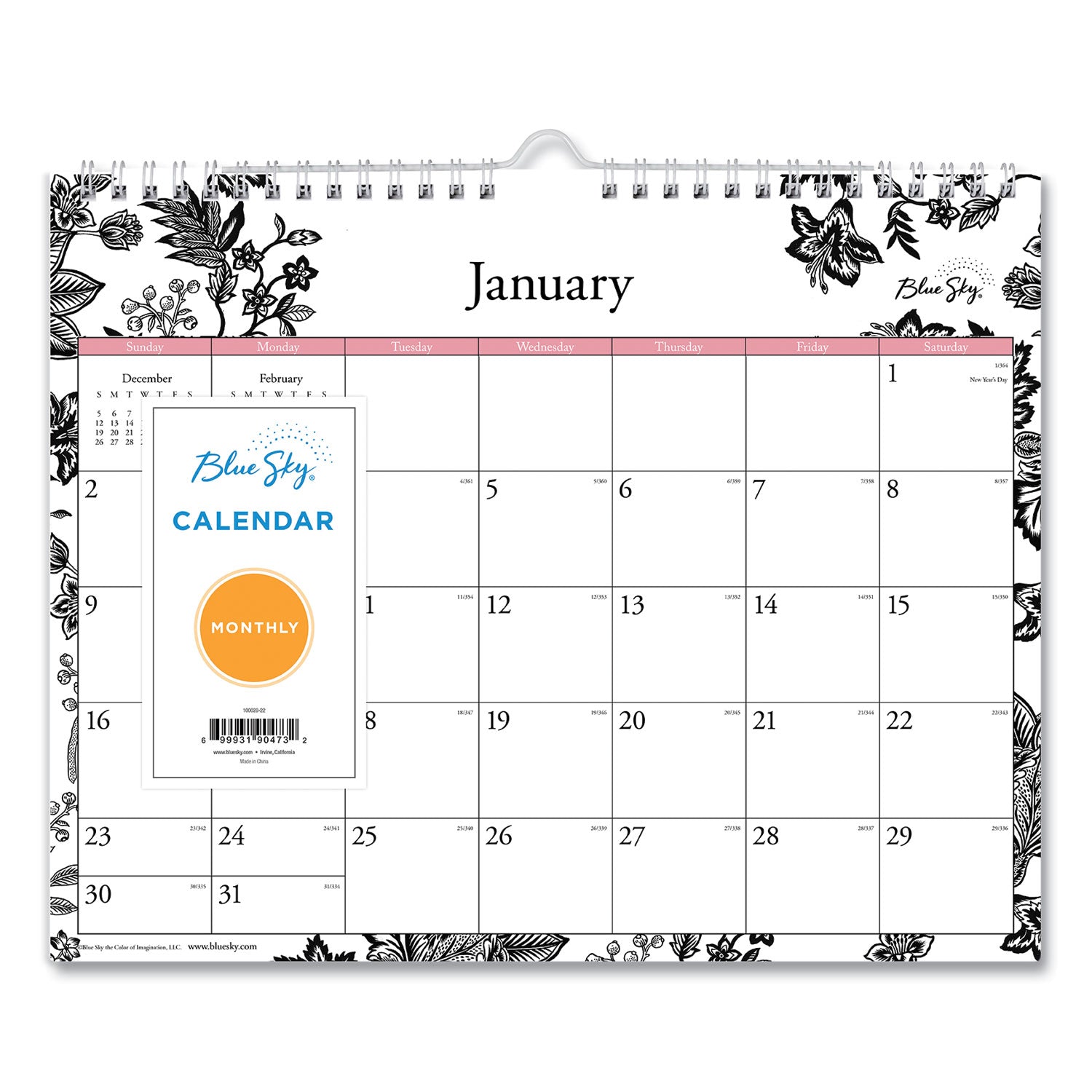 Blue Sky® Analeis Wall Calendar, Floral Artwork, 11 x 8.75, White/Black/Coral Sheets, 12-Month (Jan to Dec): 2025
