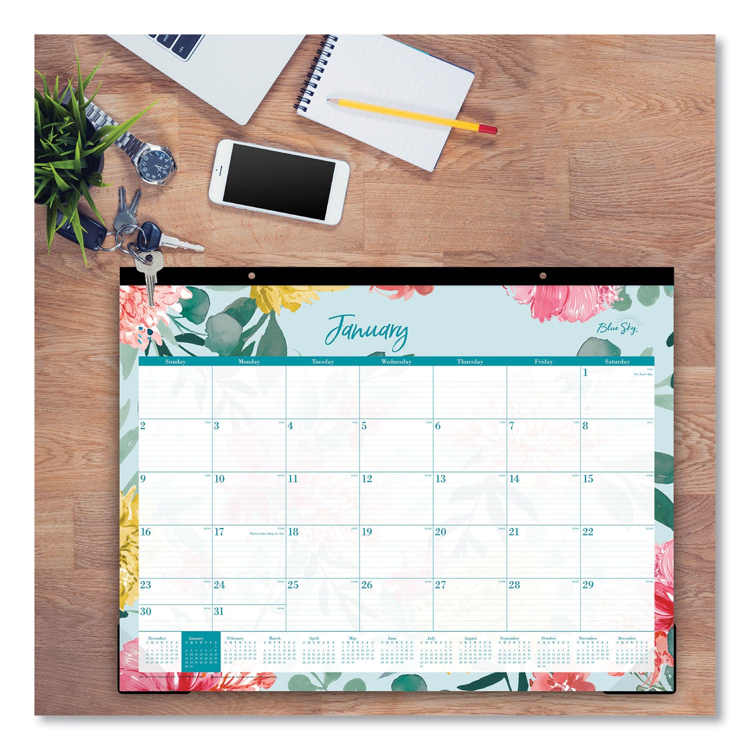 Blue Sky® Reflections Desk Pad Calendar, Floral Artwork, 22 x 17, Assorted Sheet Colors, Black Binding, 12-Month (Jan to Dec): 2025