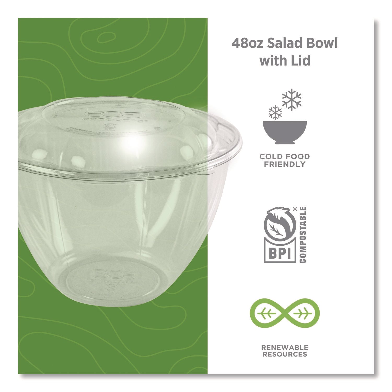 Eco-Products® Renewable and Compostable Salad Bowls with Lids, 48 oz, Clear, Plastic, 150/Carton