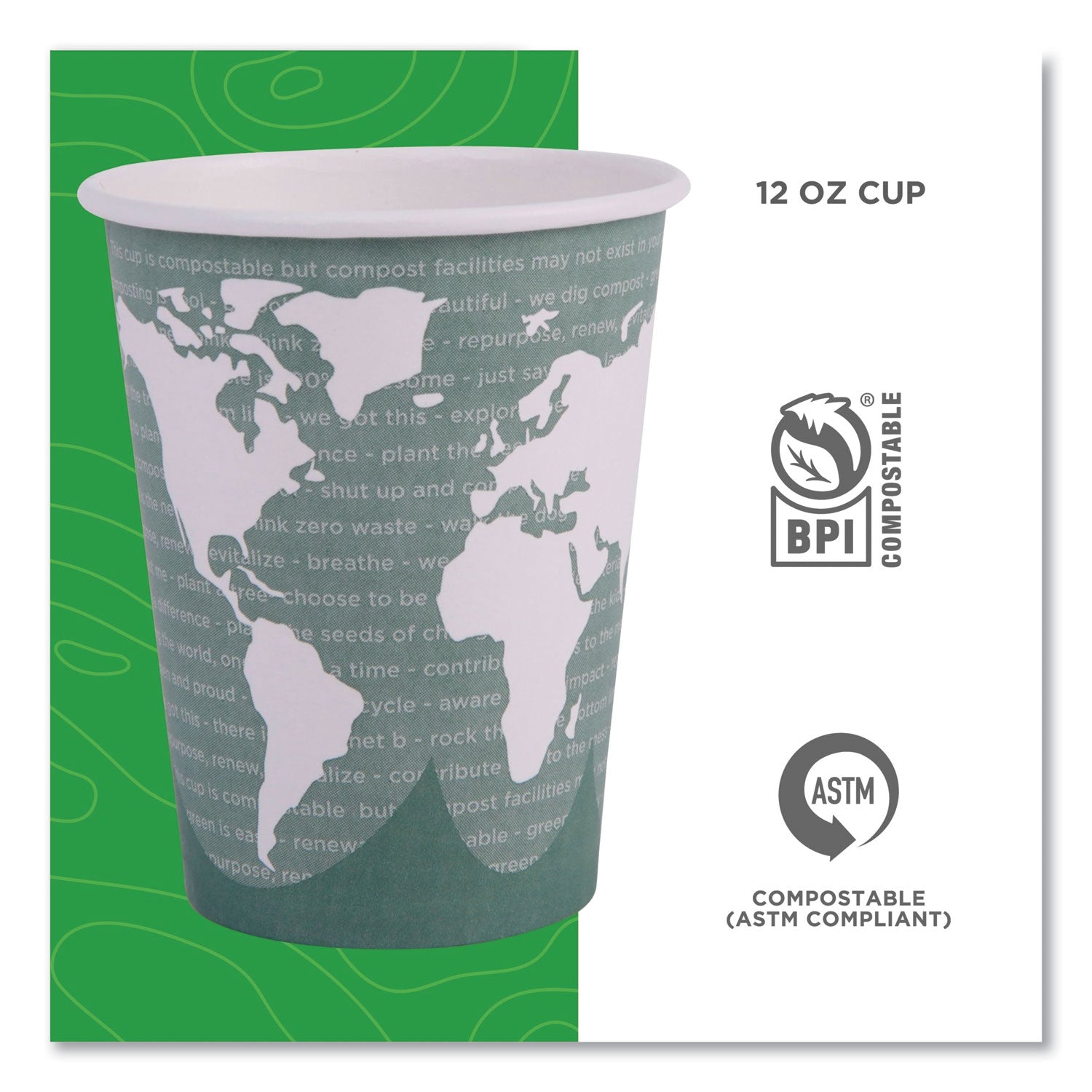 Eco-Products® World Art Renewable and Compostable Hot Cups, 12 oz, Paper, Gray, 50/Pack