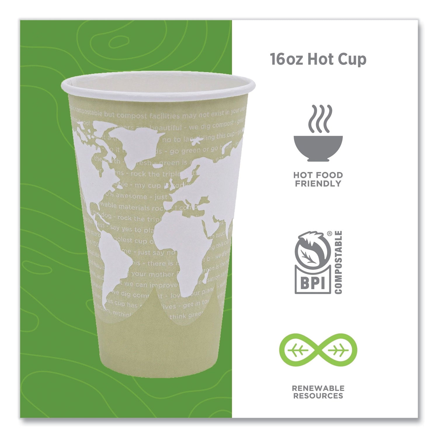 Eco-Products® World Art Renewable and Compostable Hot Cups, 16 oz, Paper, Moss, 50/Pack