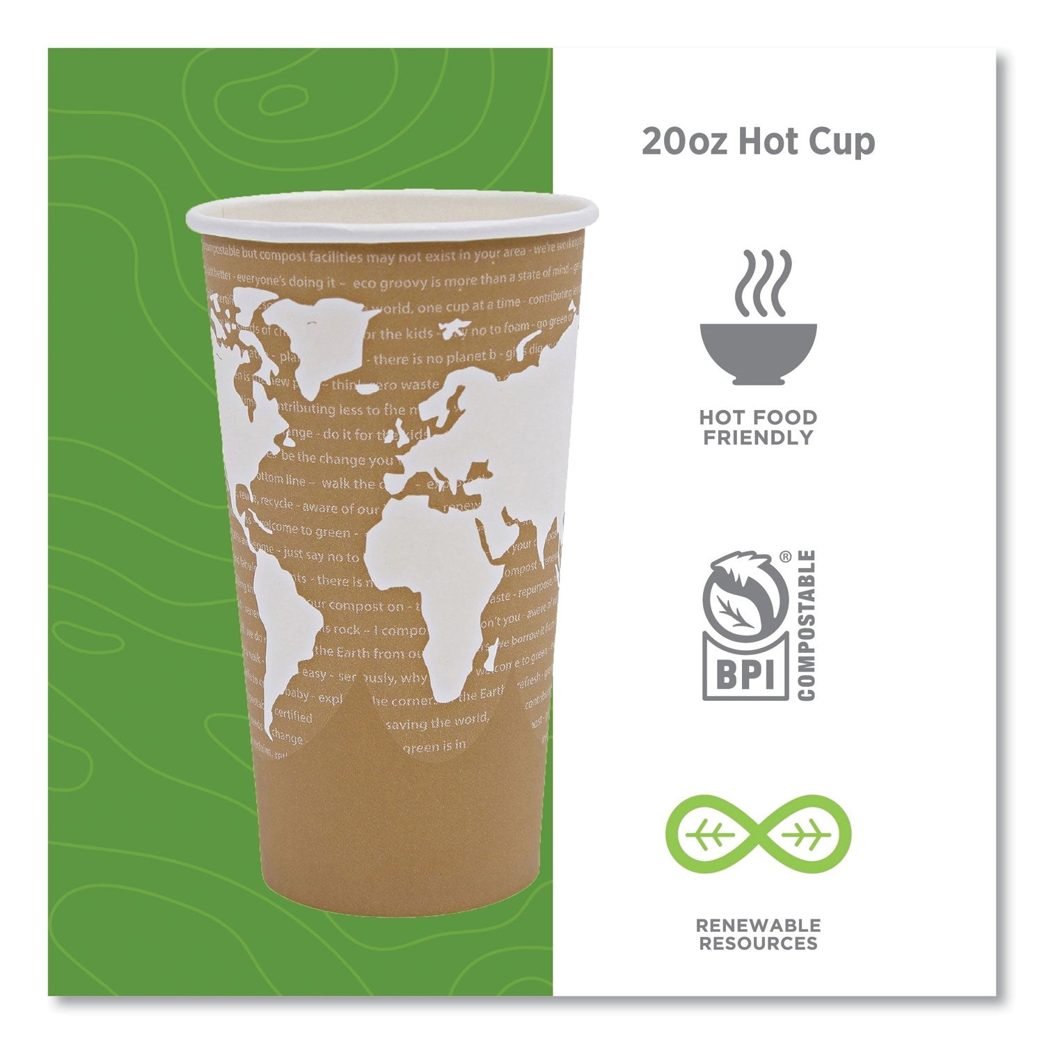 Eco-Products® World Art Renewable and Compostable Hot Cups, 20 oz, Paper, Brown/White, 50/Pack, 20 Packs/Carton