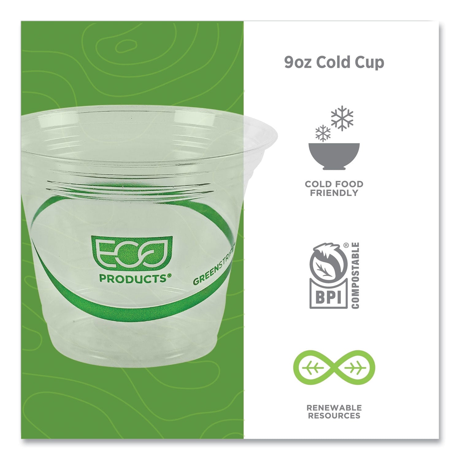 Eco-Products® GreenStripe Renewable and Compostable Cold Cups, 9 oz, Plastic, Clear, 50/Pack, 20 Packs/Carton