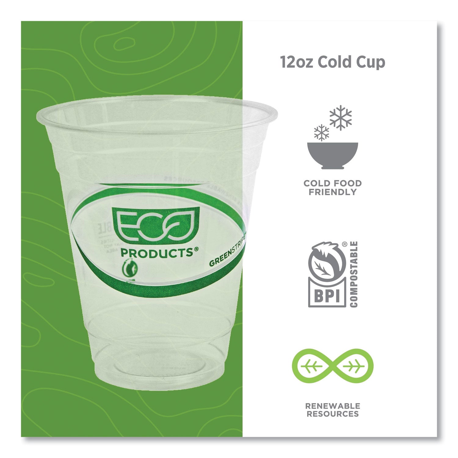 Eco-Products® GreenStripe Renewable and Compostable Cold Cups, 12 oz, Plastic, Clear, 50/Pack, 20 Packs/Carton