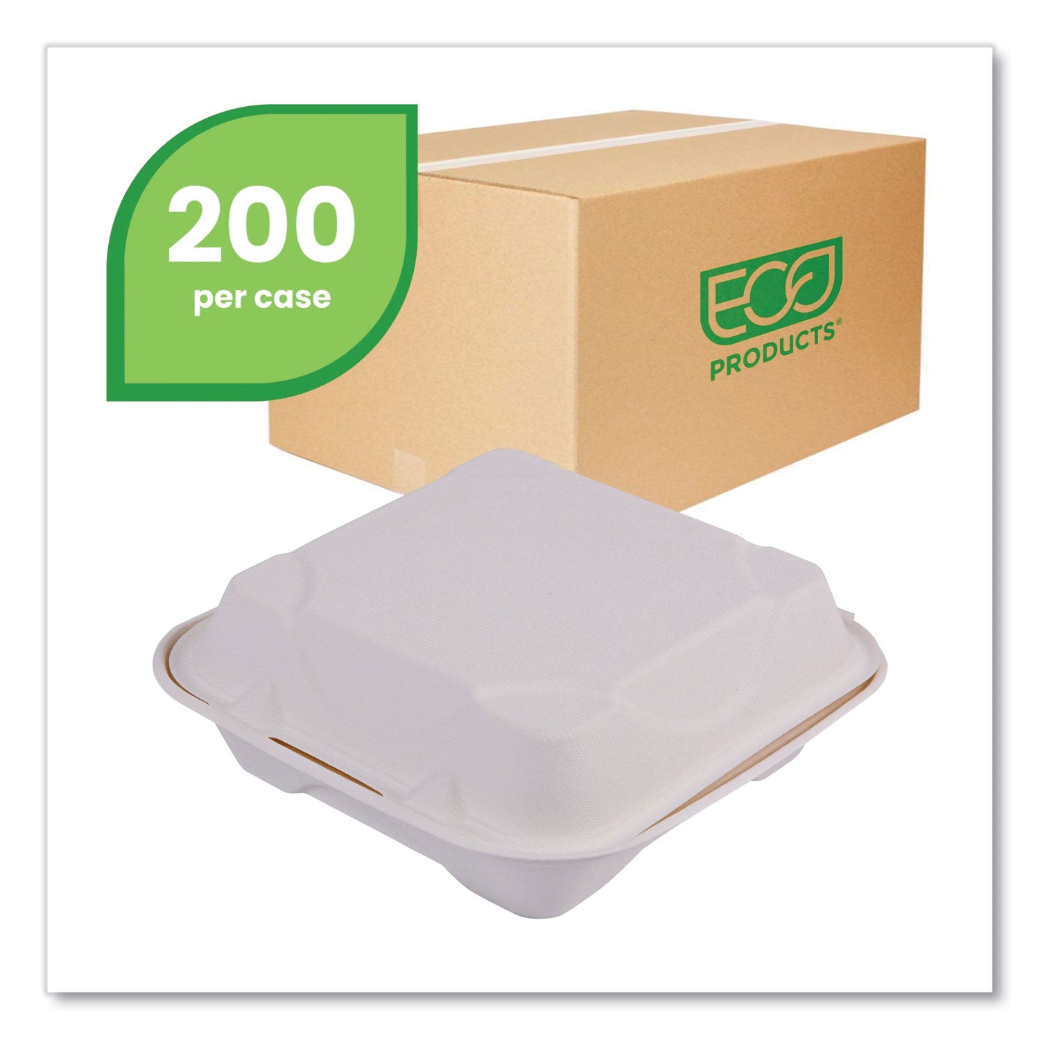 Eco-Products® Vanguard Renewable and Compostable Sugarcane Clamshells, 8 x 8 x 3, White, 200/Carton