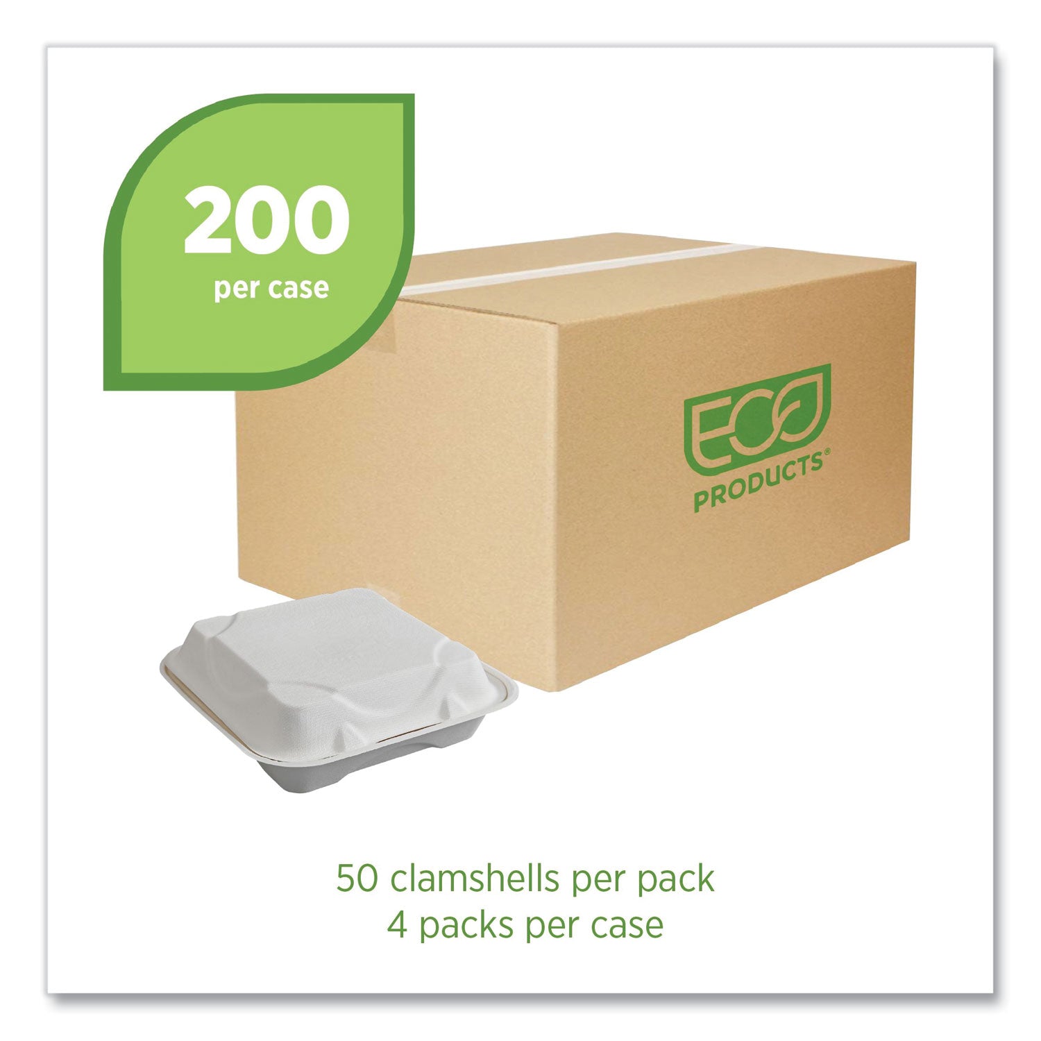 Eco-Products® Vanguard Renewable and Compostable Sugarcane Clamshells, 9 x 9 x 3, White, 200/Carton