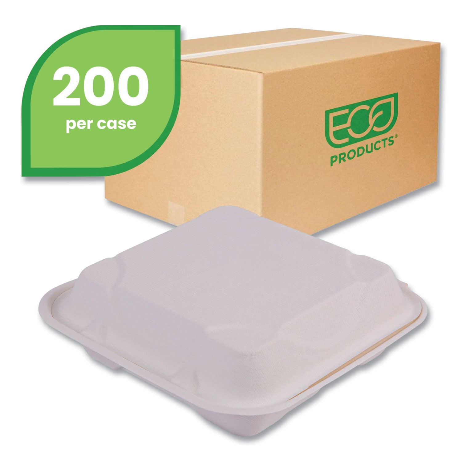 Eco-Products® Vanguard Renewable and Compostable Sugarcane Clamshells, 3 Compartments, 9 x 9 x 3, White, 200/Carton