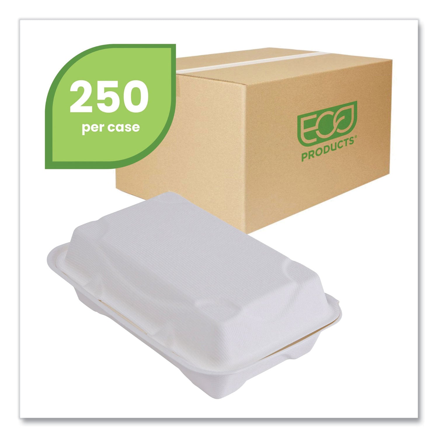 Eco-Products® Vanguard Renewable and Compostable Sugarcane Clamshells, 9 x 6 x 3, White, 250/Carton