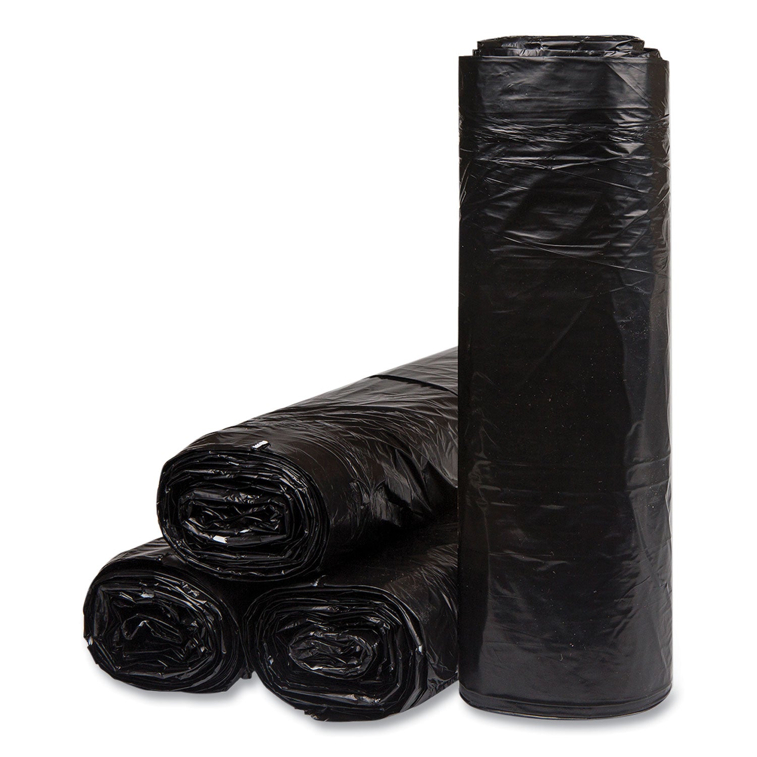 Low-Density Commercial Can Liners, 60 gal, 1.2 mil, 38" x 58", Black, Interleaved Roll, 10 Bags/Roll, 10 Rolls/Carton