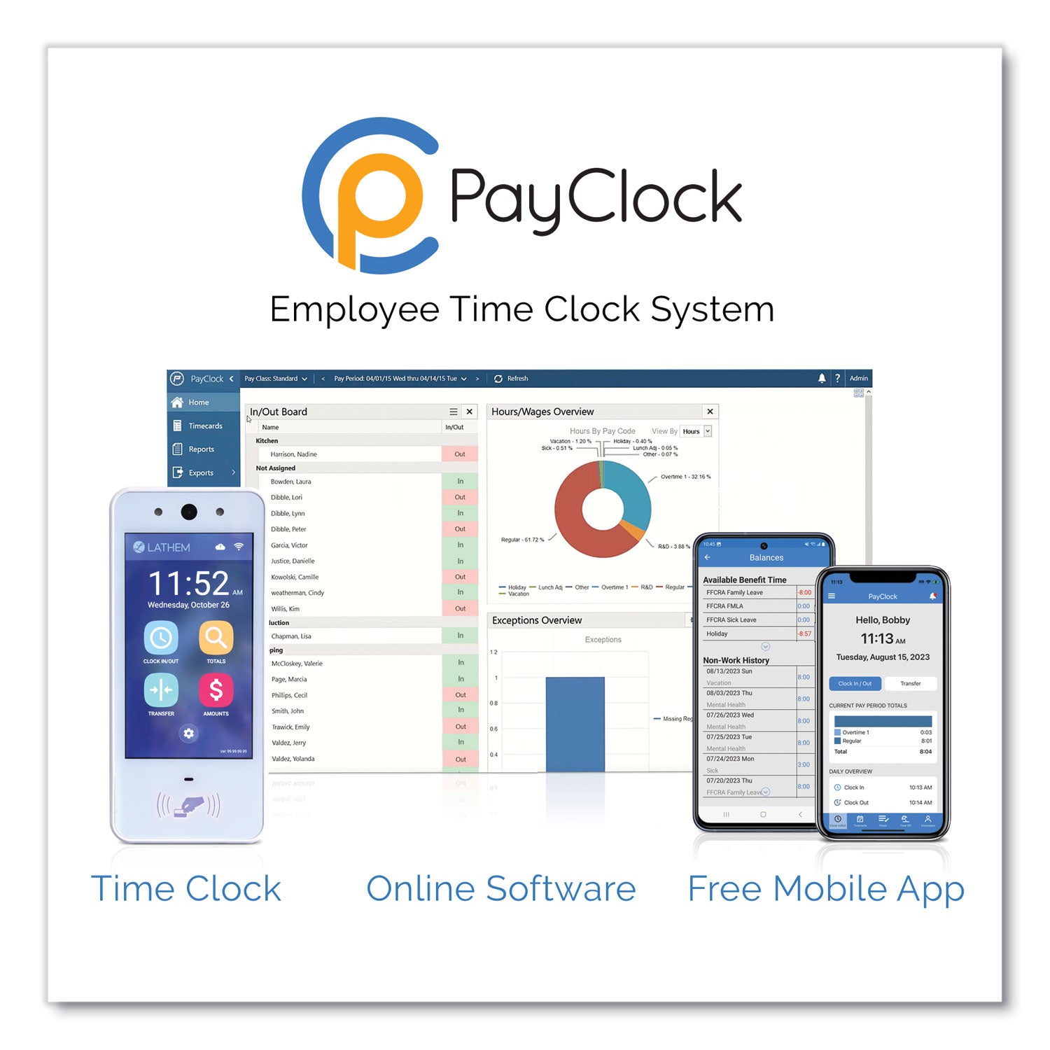 Lathem® Time PCEXPRESS Contactless Touch-Free Wi-Fi Digital Time Clock System, 5" Touch Screen LCD Display, White