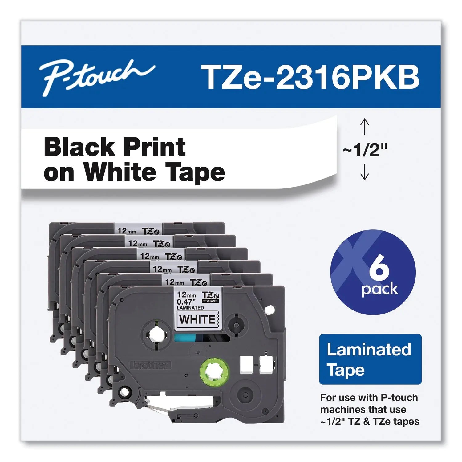 TZe Series Standard Adhesive Laminated Labeling Tape, 0.5", Black on White, 6/Pack Brother P-Touch® Flipcost
