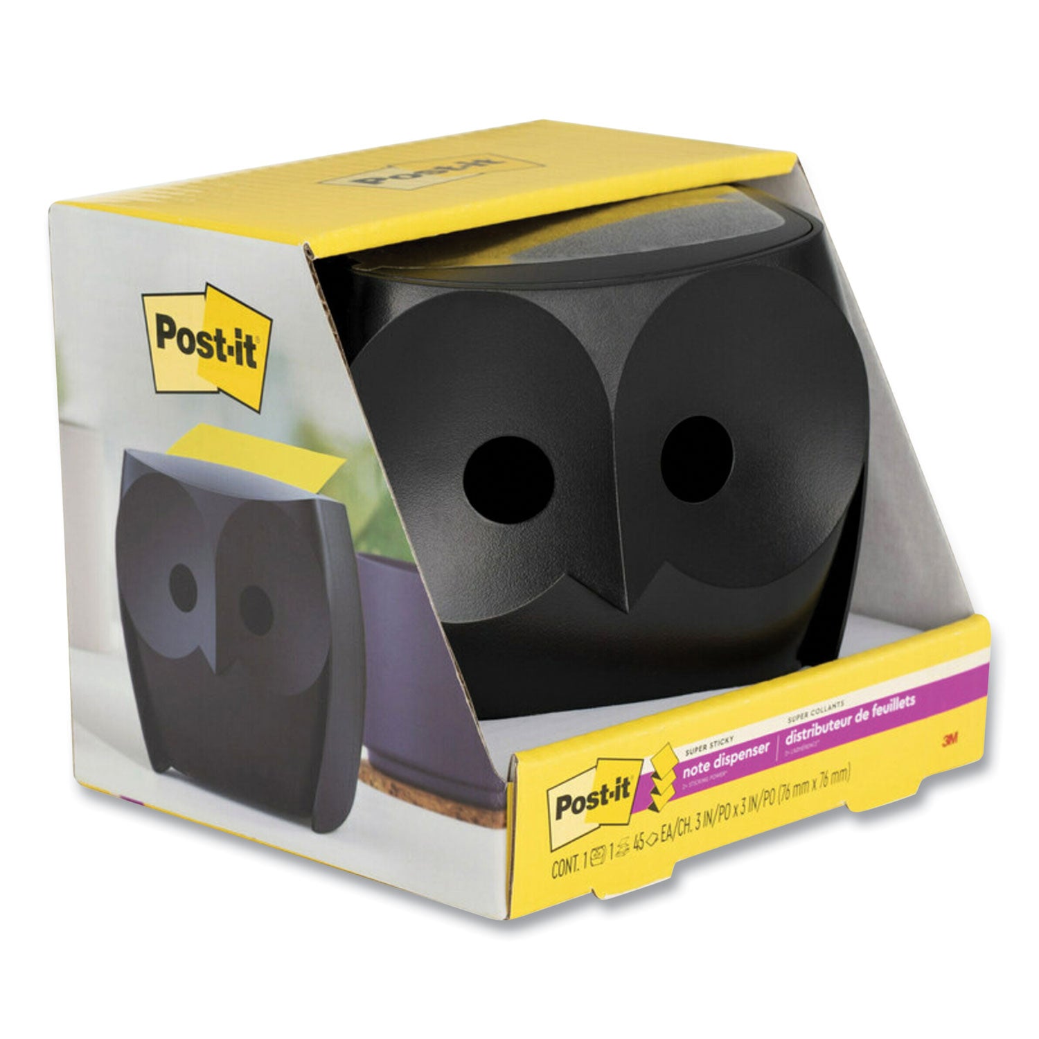 Post-it® Pop-up Notes Owl-Shaped Dispenser, For 3 x 3 Pads, Black, Includes 45-Sheet Citron Super Sticky Dispenser Pop-Up Pad