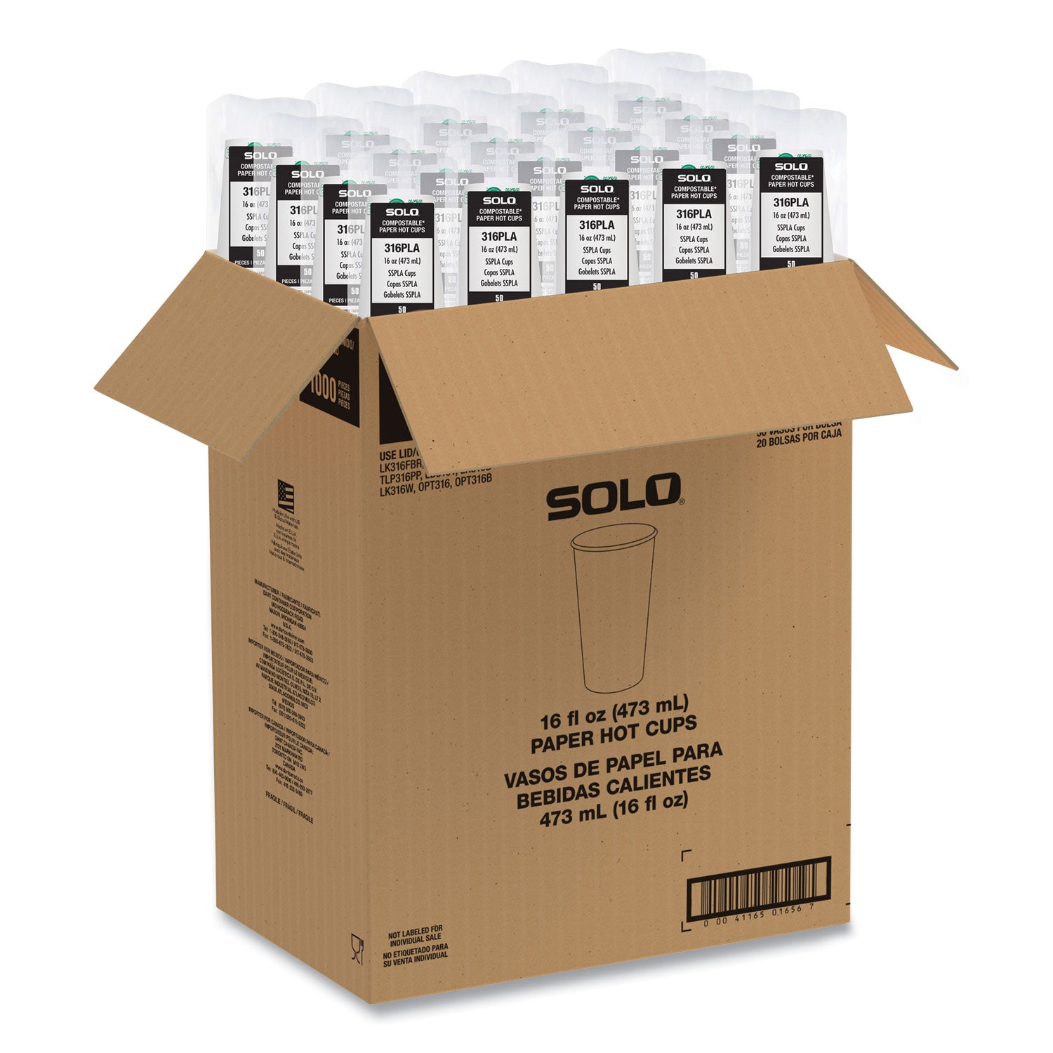 SOLO® Compostable Paper Hot Cups, 16 oz, White/Green, 1,000/Carton