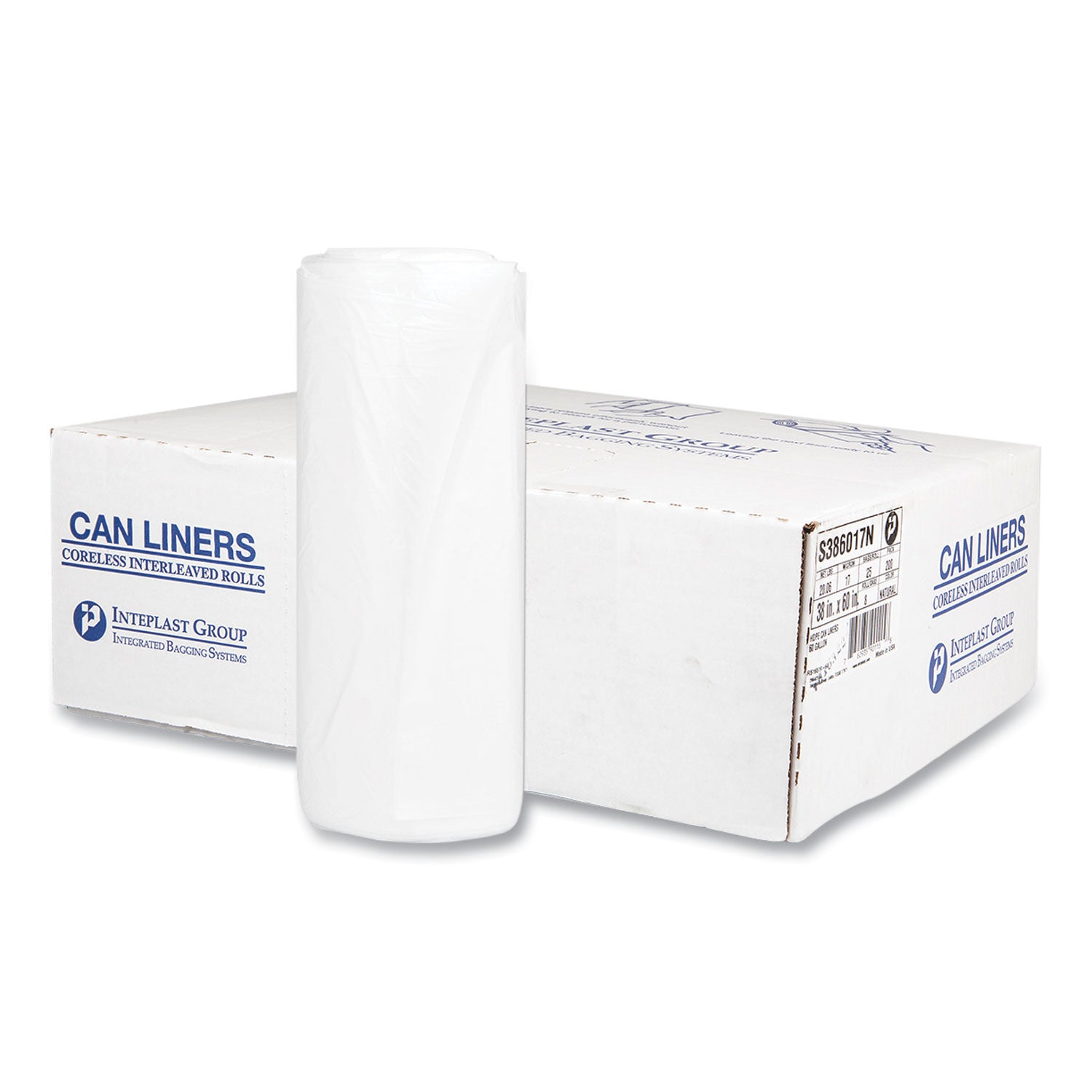 High-Density Commercial Can Liners, 60 gal, 17 mic, 38" x 60", Clear, Interleaved Roll, 25 Bags/Roll, 8 Rolls/Carton