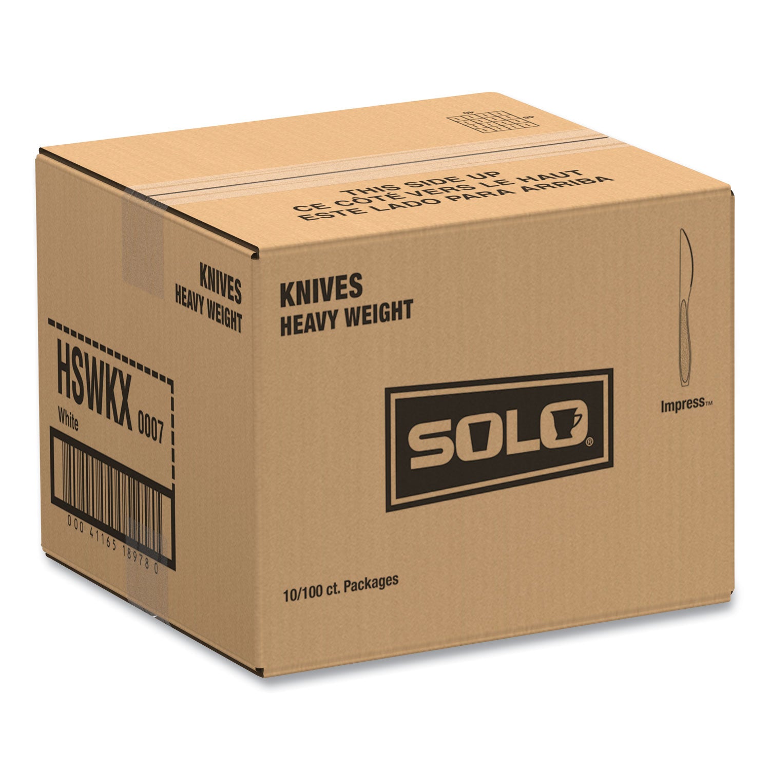 SOLO® Impress Heavyweight Full-Length Polystyrene Cutlery, Knife, Plastic, White, 100/Box, 10 Boxes/Carton