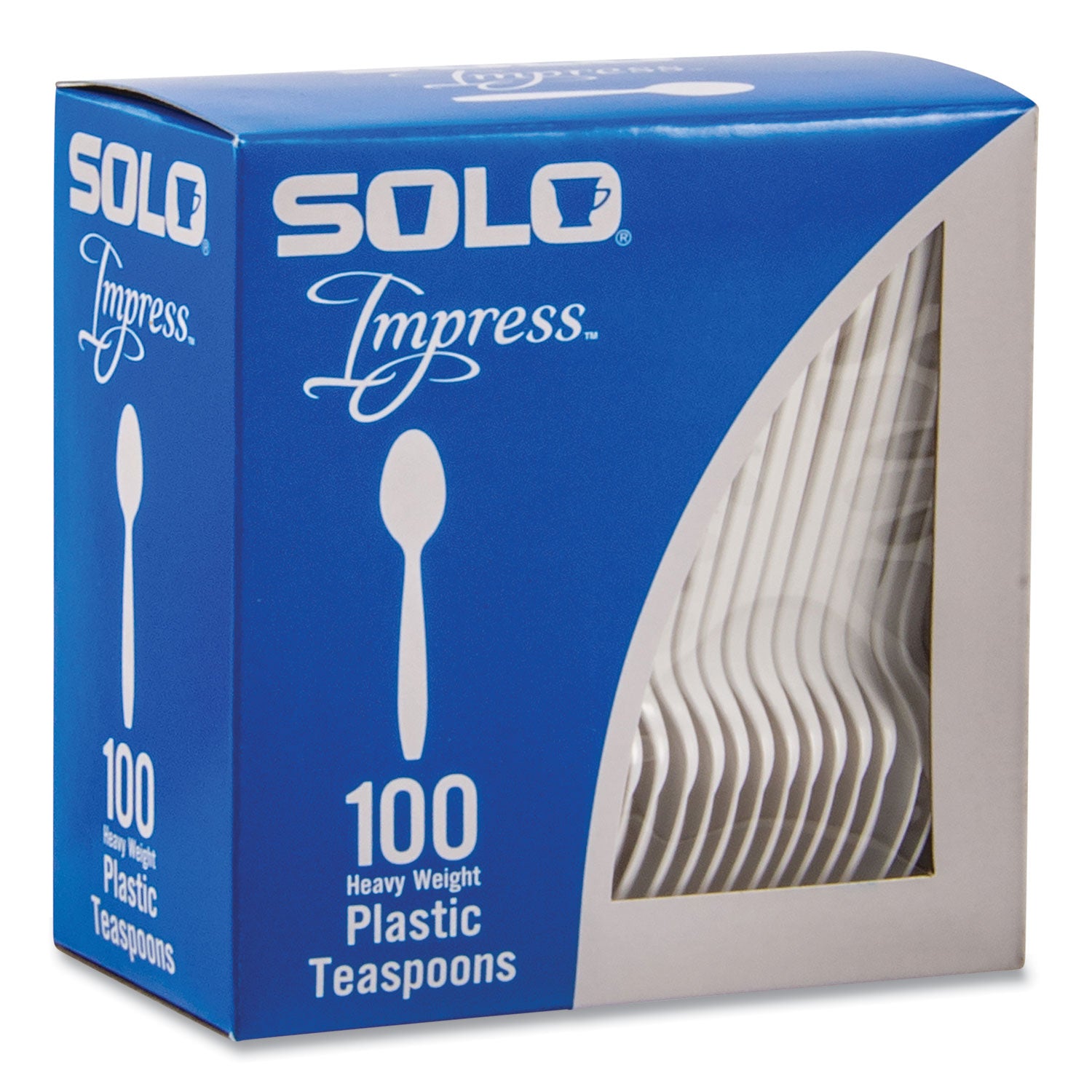 SOLO® Impress Heavyweight Full-Length Polystyrene Cutlery, Spoon, Plastic, White, 100/Box, 10 Boxes/Carton
