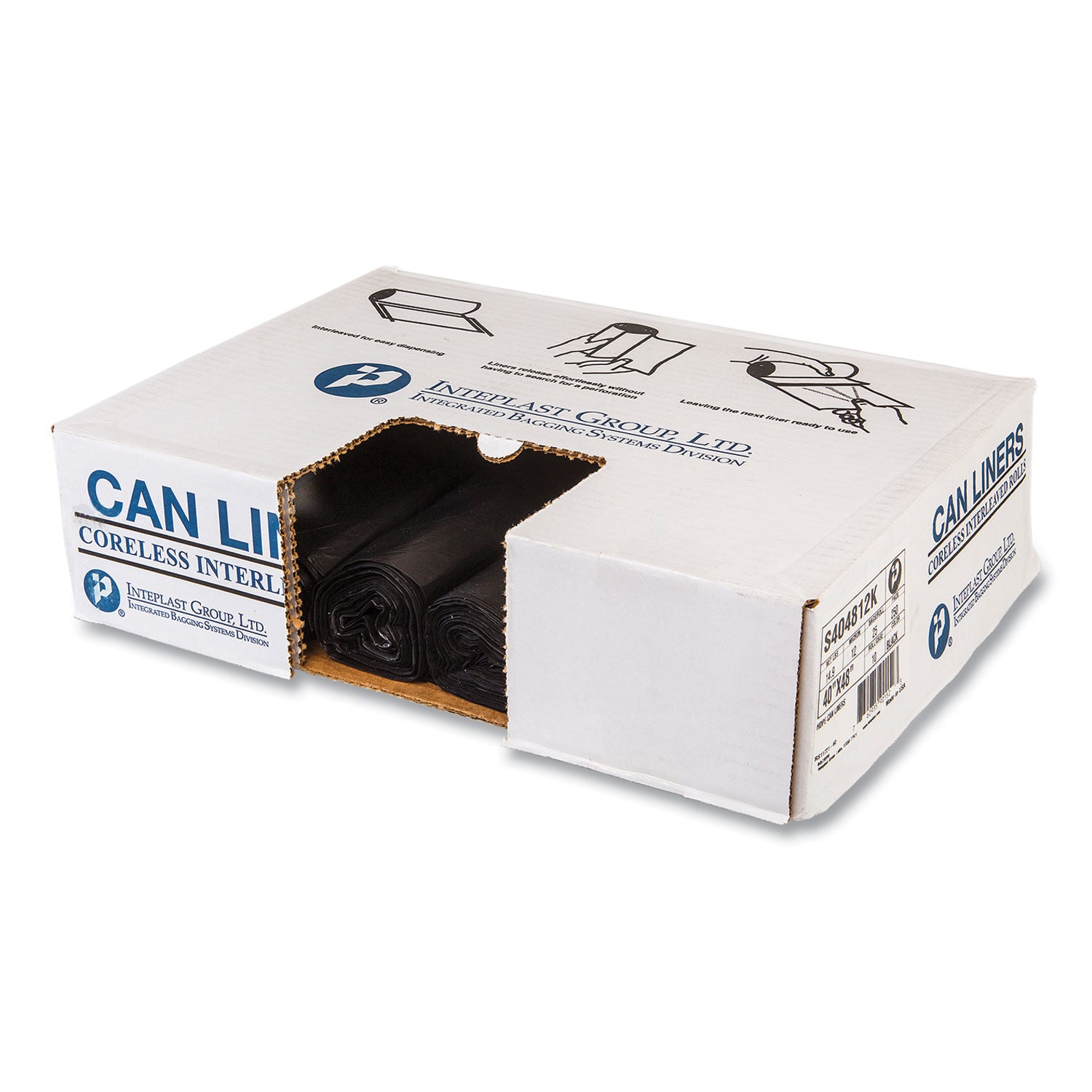 High-Density Commercial Can Liners, 45 gal, 12 mic, 40" x 48", Black, Interleaved Roll, 25 Bags/Roll, 10 Rolls/Carton