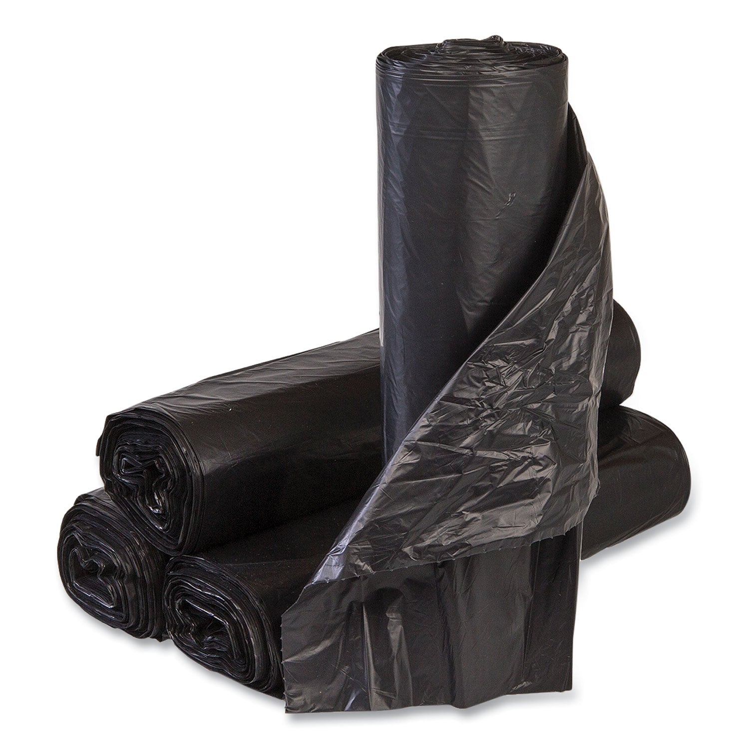 Inteplast Group High-Density Commercial Can Liners, 45 gal, 12 mic, 40" x 48", Black, Interleaved Roll, 25 Bags/Roll, 10 Rolls/Carton