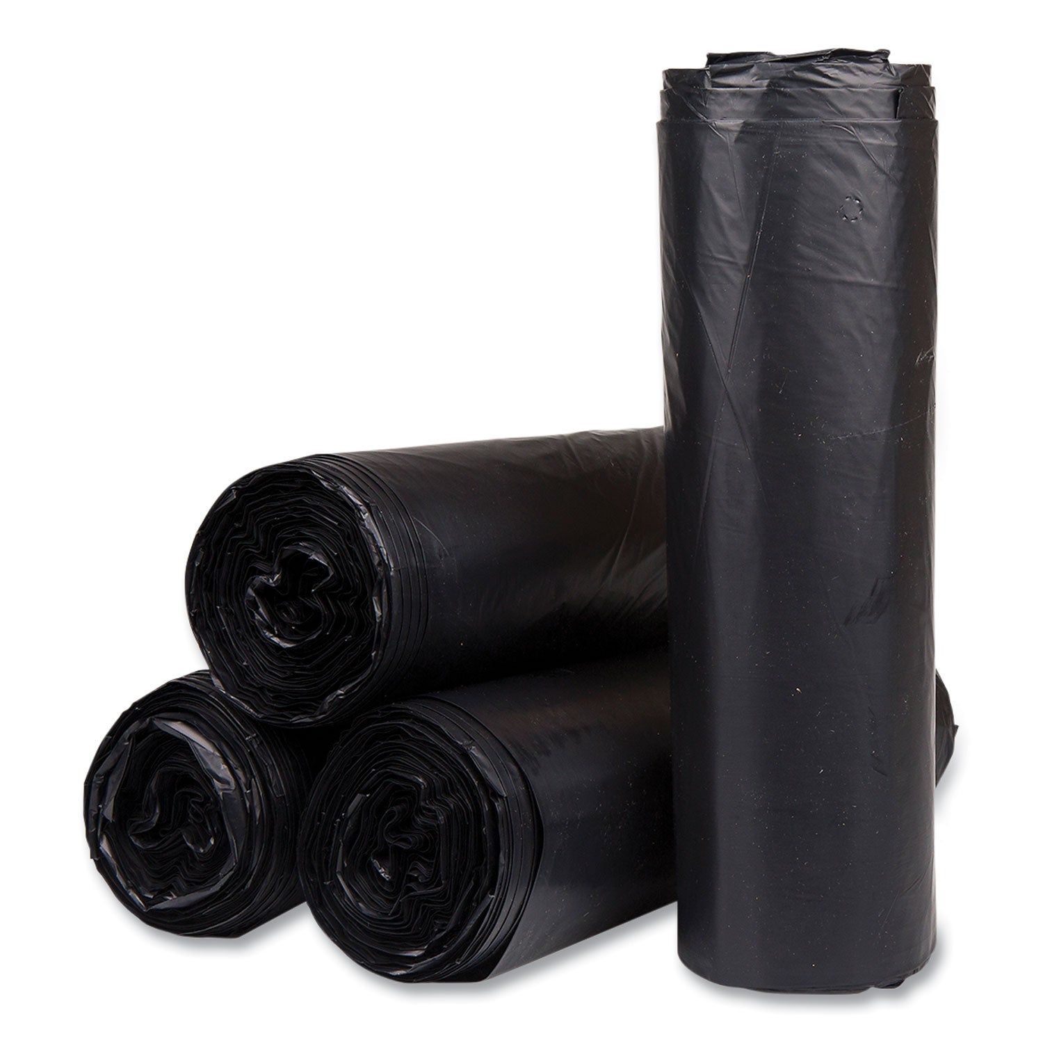 Inteplast Group High-Density Commercial Can Liners, 45 gal, 22 mic, 40" x 48", Black, Interleaved Roll, 25 Bags/Roll, 6 Rolls/Carton