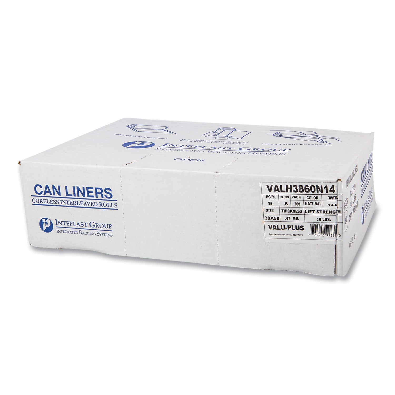 Inteplast Group High-Density Commercial Can Liner Value Pack, 60 gal, 12 mic, 38" x 58", Clear, Interleaved Roll, 25 Bags/Roll, 8 Rolls/CT