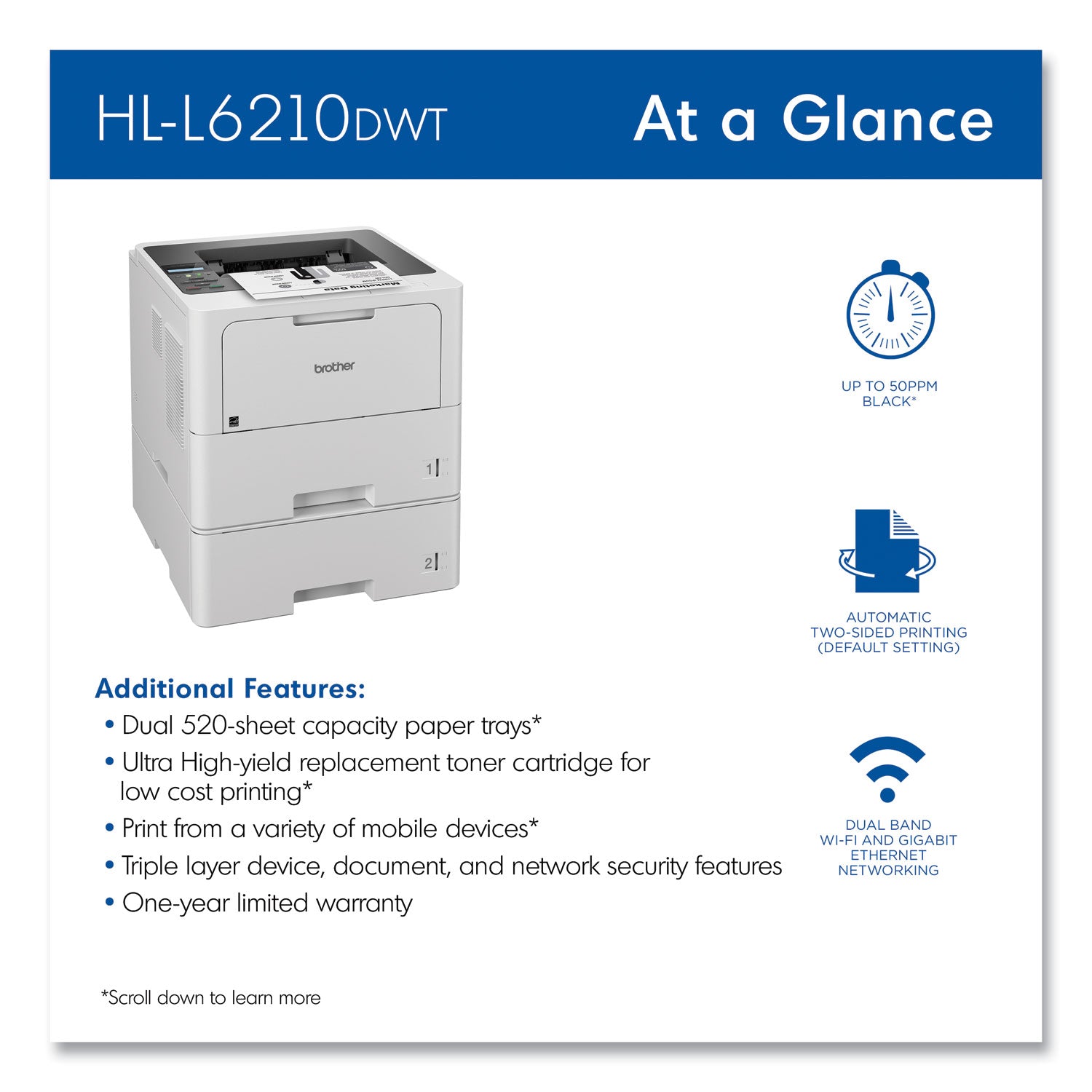 Brother HL-L6210DWT Business Monochrome Laser Printer with Dual Paper Trays
