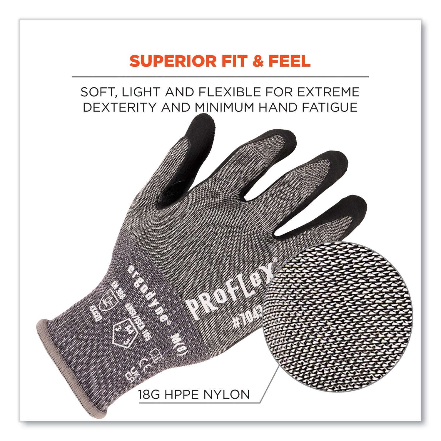 ergodyne® ProFlex 7043 ANSI A4 Nitrile Coated CR Gloves, Gray, Medium, 12 Pairs