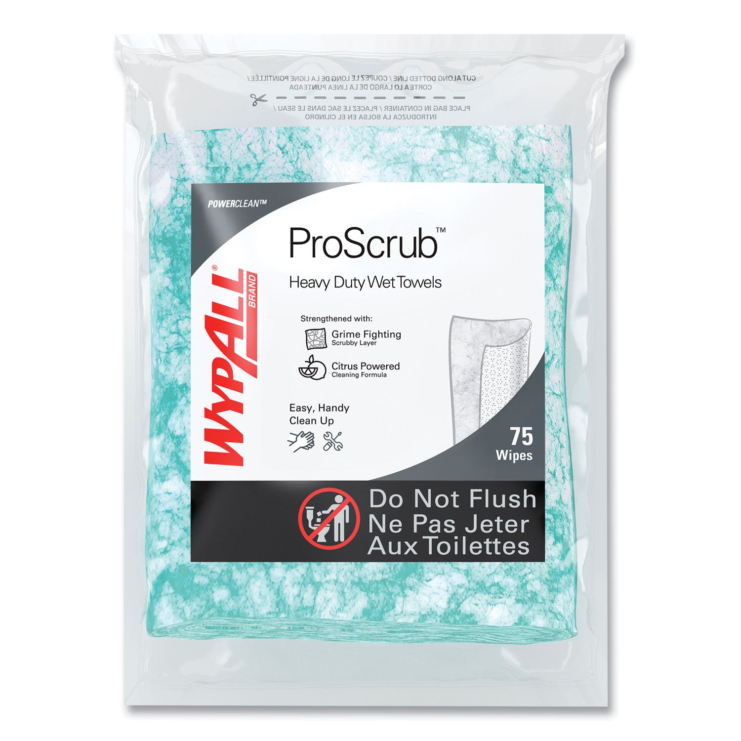 WypAll® Power Clean ProScrub Pre-Saturated Wipes, 12 x 9.5, Citrus Scent, Green, 75/Pack, 6 Packs/Carton