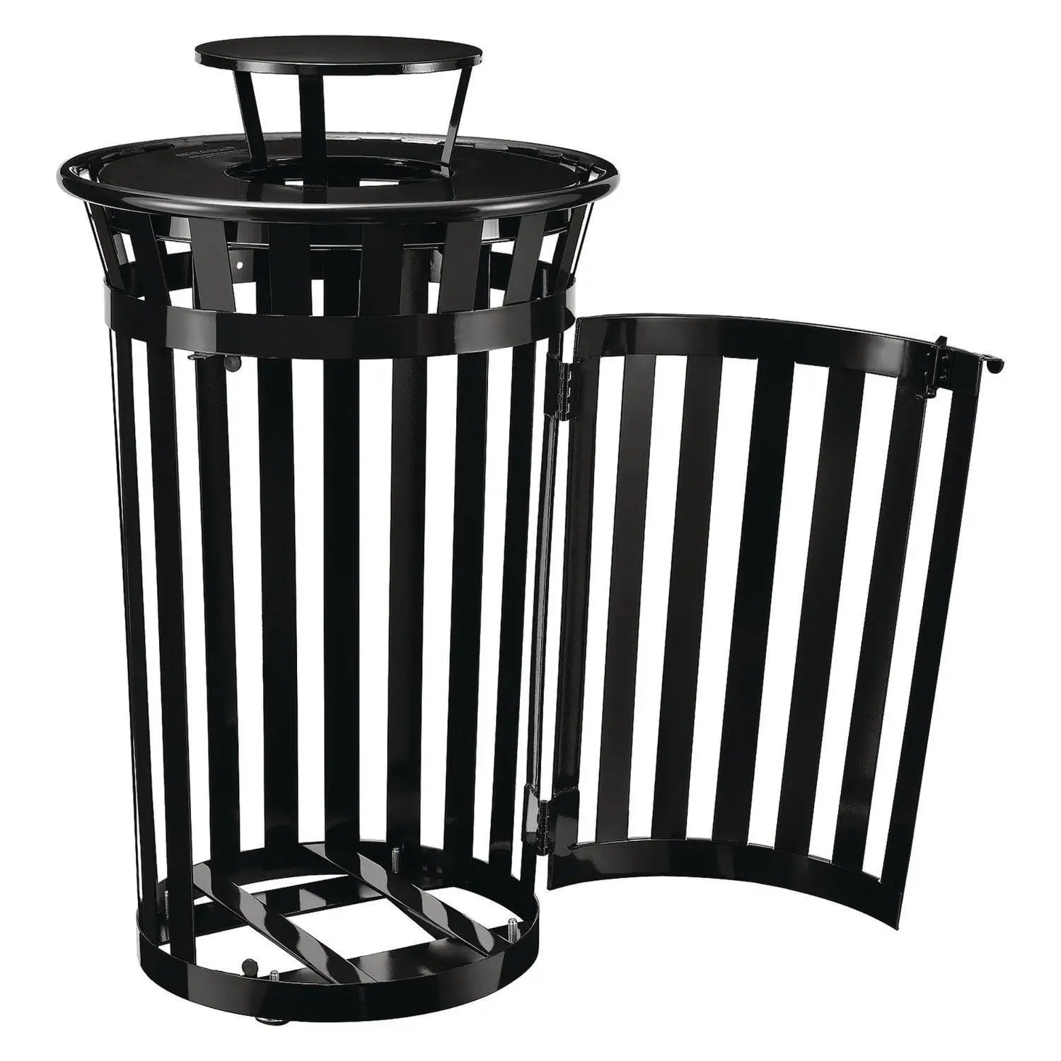 Outdoor Slatted Steel Trash Can, With Access Door and Rain Bonnet Lid, 36 gal, Black Global Industrial® Flipcost