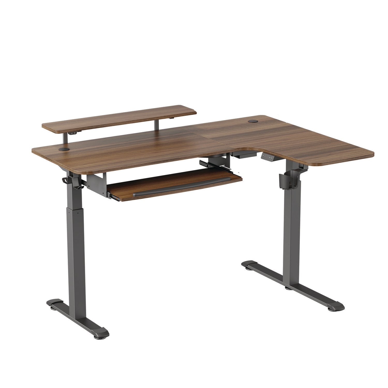 Eureka Ergonomic® L-Shaped Standing Desk with Keyboard Tray, Right Desk, 61.25" x 43.25" x 34.38" to 52.88", Walnut/Black
