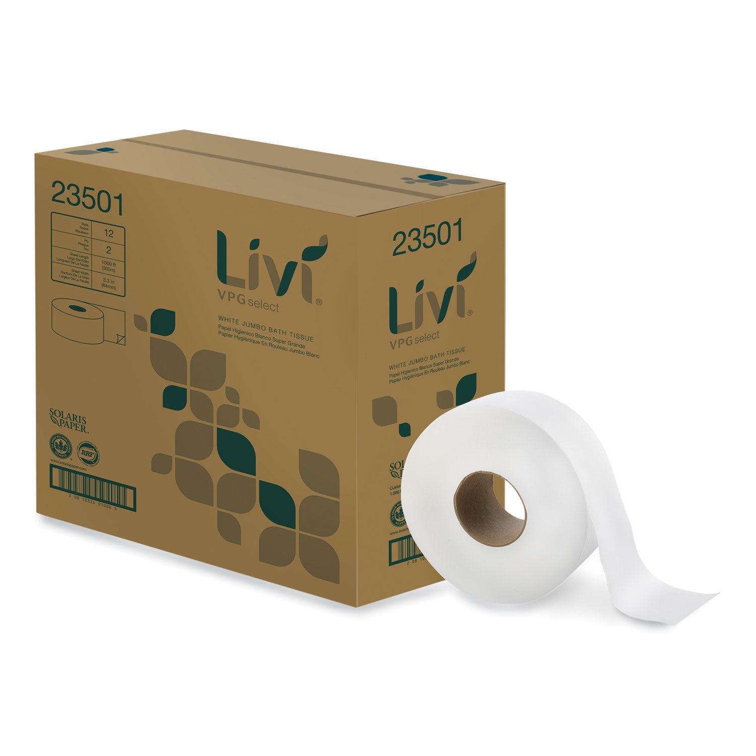 Livi® VPG Select Jumbo Bath Tissue, 2-Ply, White, 3.3 x 1,000 ft, 12/Carton
