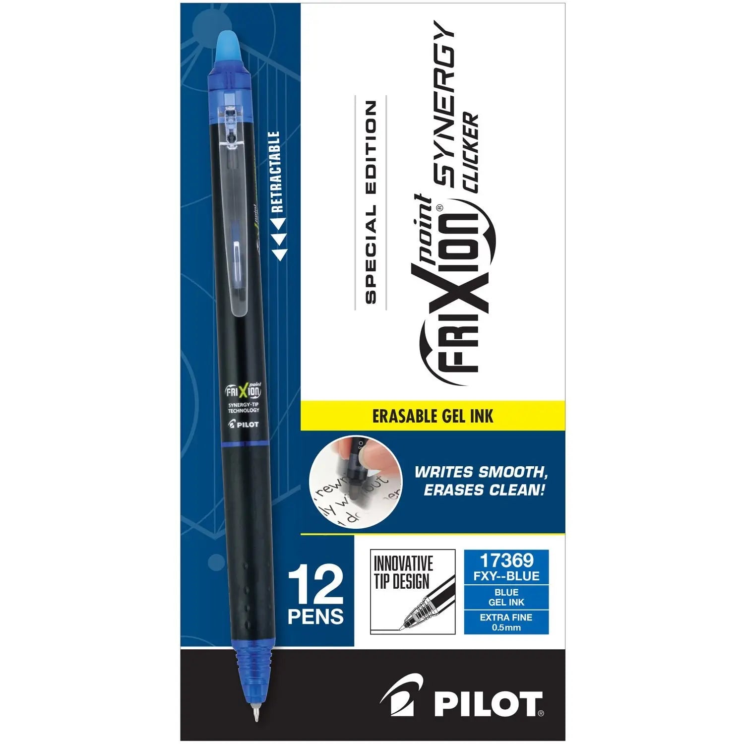 FriXion Synergy Clicker Erasable Gel Pen, Retractable, Extra-Fine 0.5 mm, Blue Ink, Black/Blue Barrel, Dozen Pilot® Flipcost