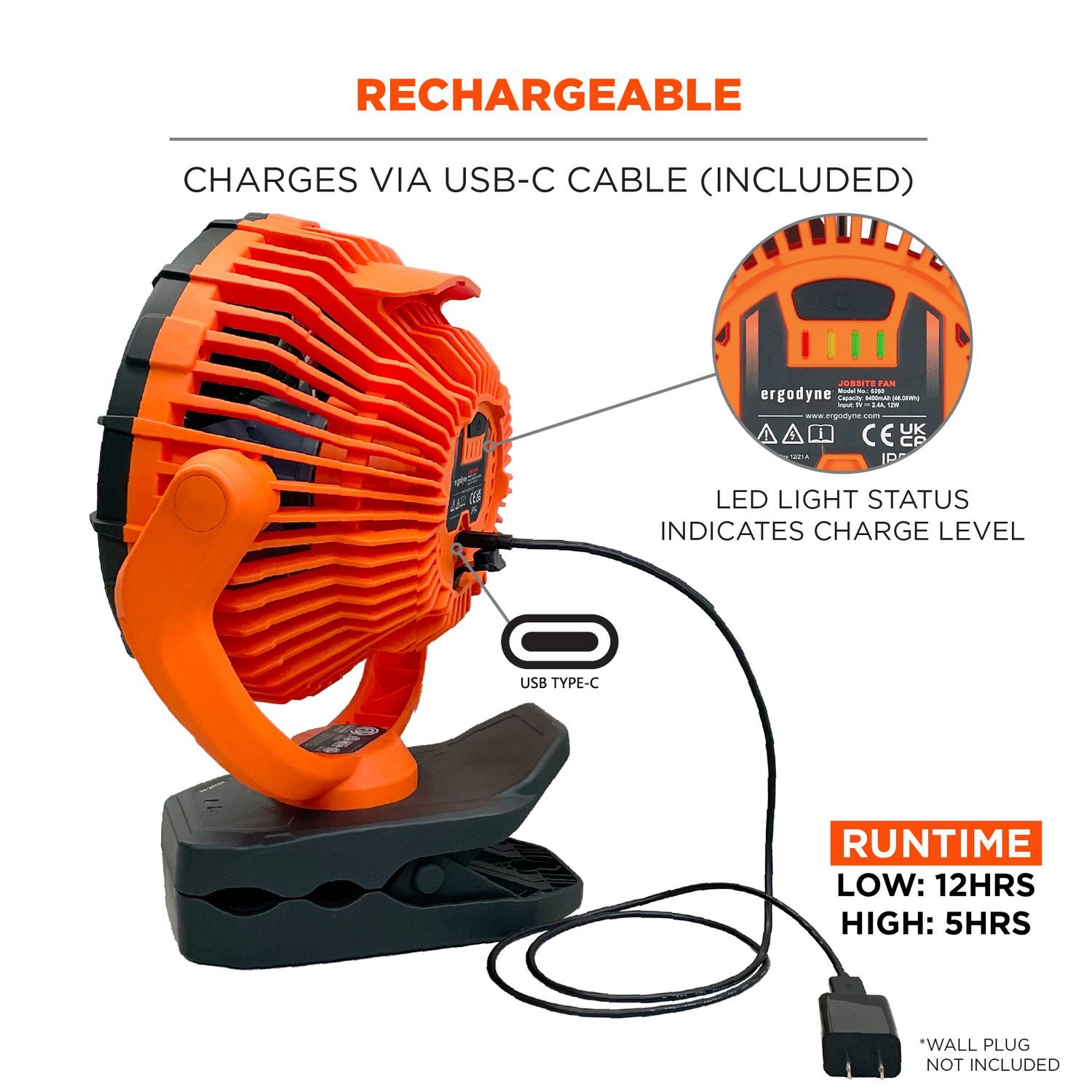 ergodyne® Chill-Its 6090 Rechargeable Portable Jobsite Fan, 9.5, Orange/Black
