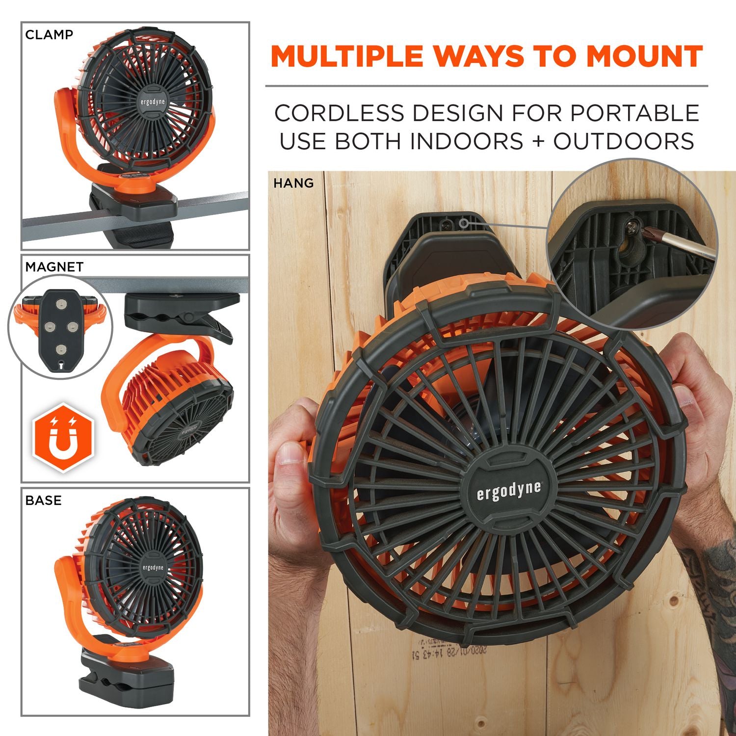 ergodyne® Chill-Its 6090 Rechargeable Portable Jobsite Fan, 9.5, Orange/Black