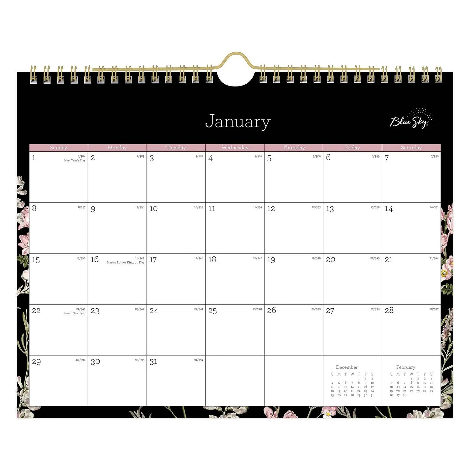 Neveah Monthly Wall Calendar, Floral Artwork, 11" x 8.75", White/Black/Pink Sheets, 12-Month (Jan to Dec): 2025
