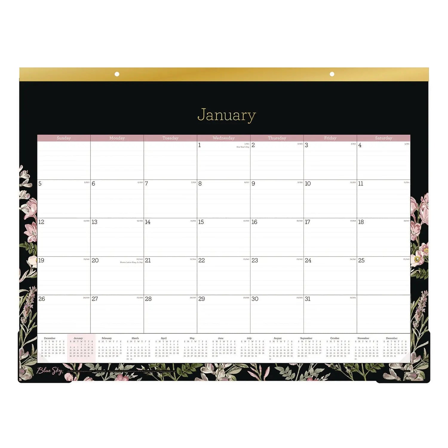 Neveah Monthly Desk Pad Calendar, Floral Artwork, 22" x 17", White/Black/Pink Sheets, Gold Headband, 12-Month (Jan-Dec): 2025