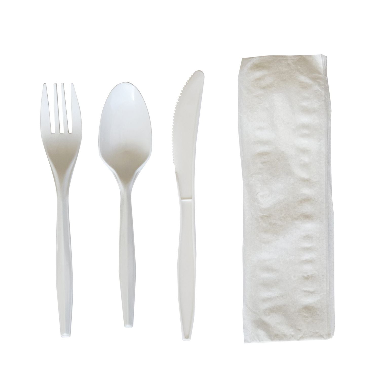 Boardwalk® Four-Piece Polypropylene Cutlery Kit, Mediumweight, Fork/Knife/Napkin/Spoon, Plastic, White, 250/Carton