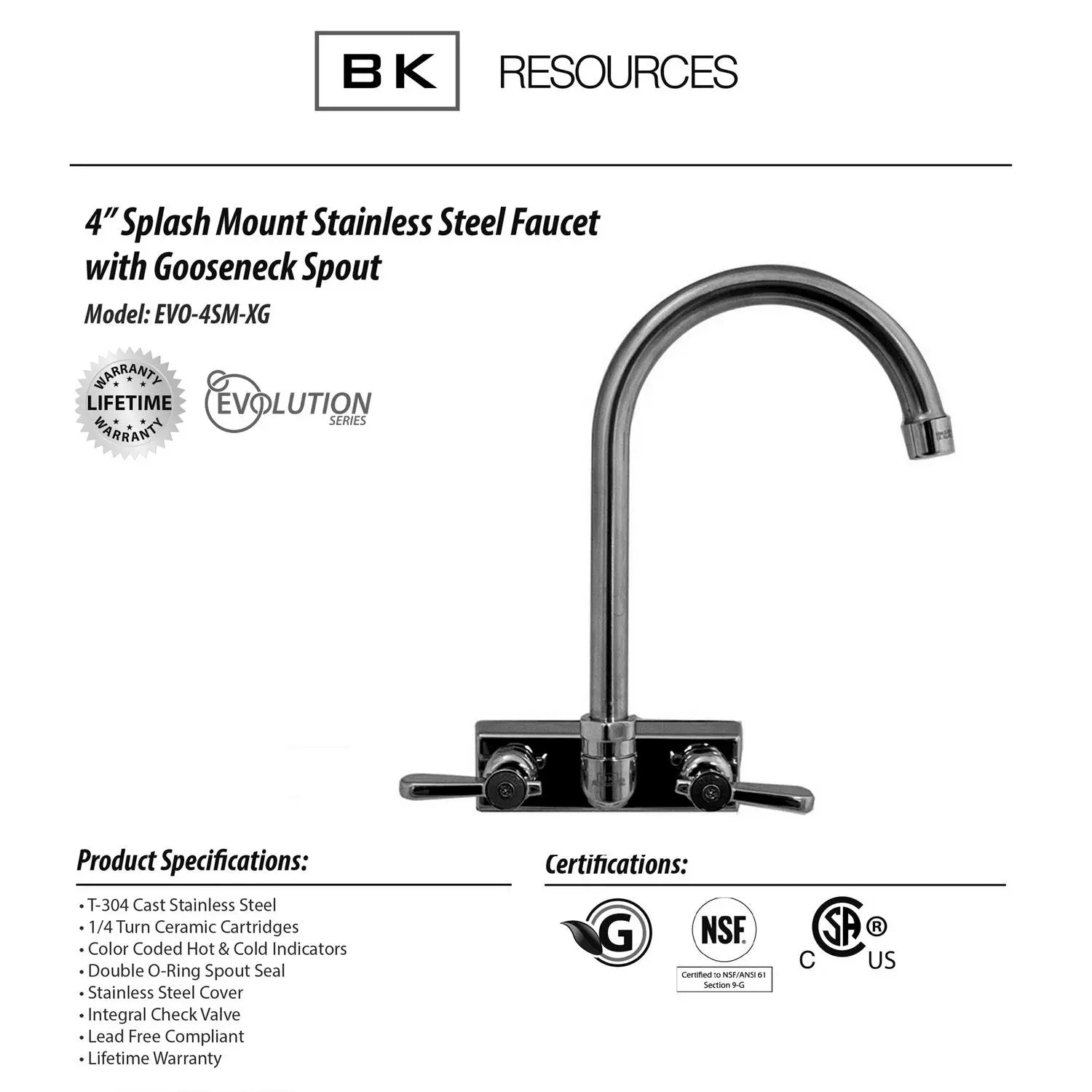 Evolution Splash Mount Stainless Steel Faucet, 9.06" Height/4.5" Reach, Stainless Steel BK Resources Flipcost