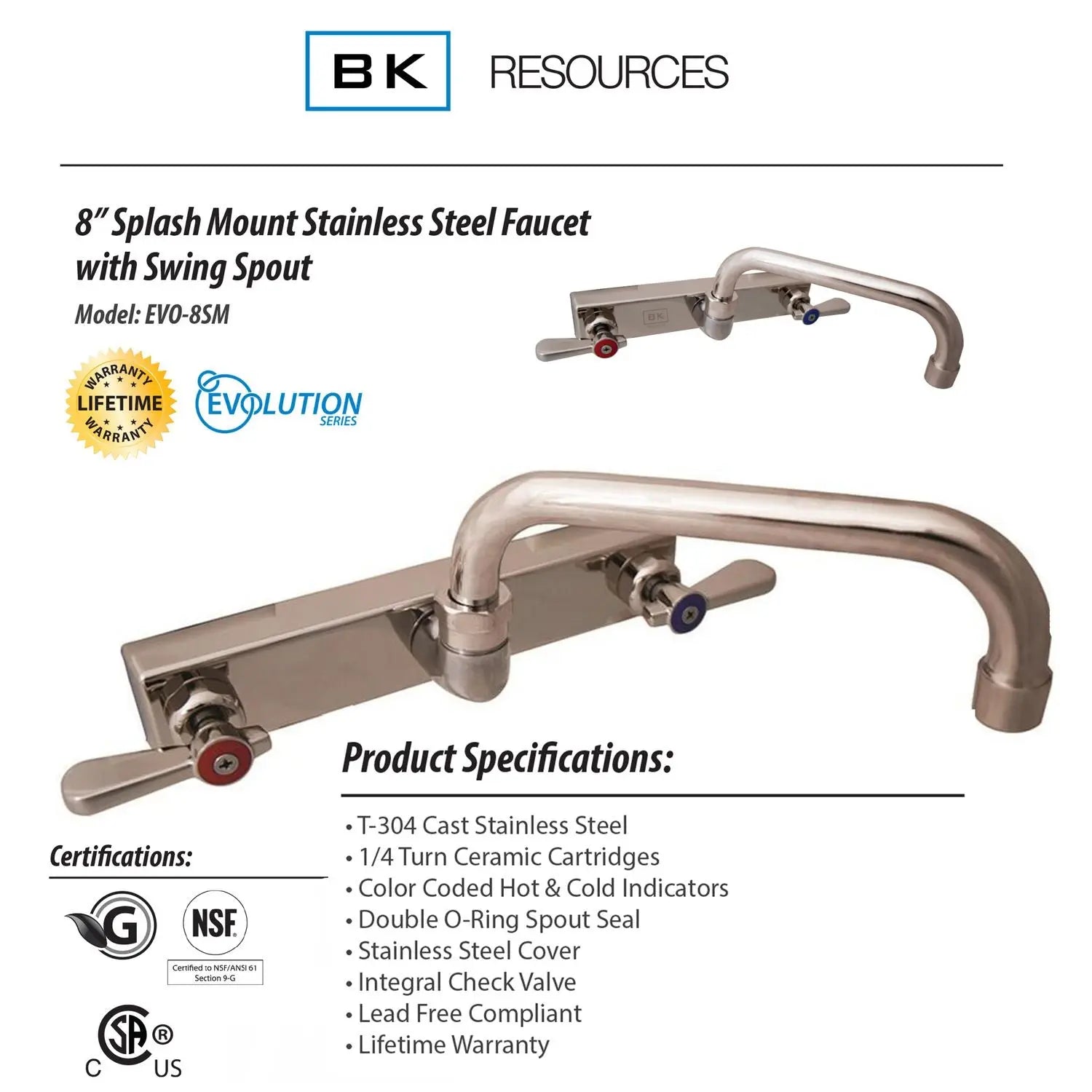 Evolution Splash Mount Stainless Steel Faucet, 4.88" Height/10" Reach, Stainless Steel BK Resources Flipcost