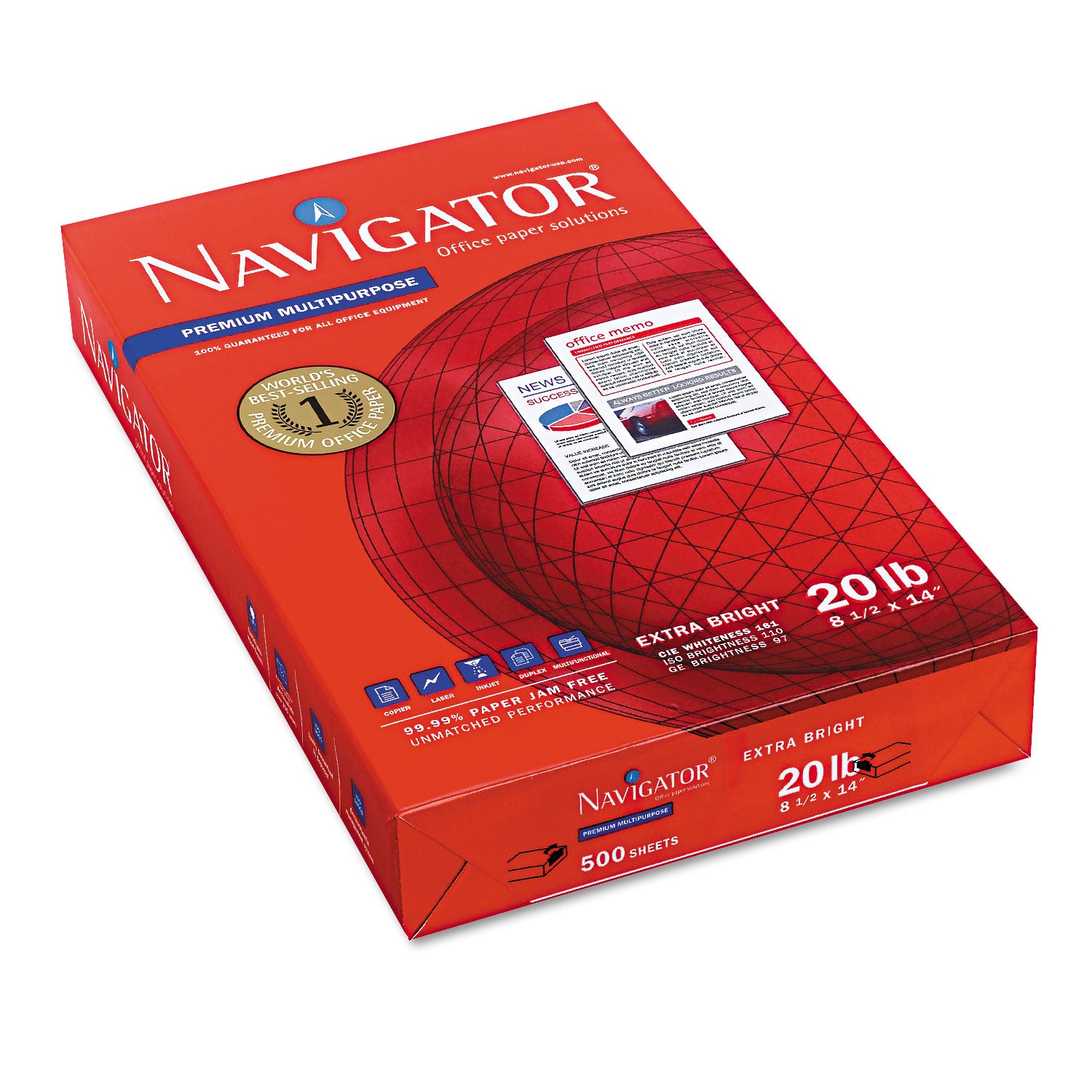 Navigator® Premium Multipurpose Copy Paper, 97 Bright, 20 lb Bond Weight, 8.5 x 14, White, 500 Sheets/Ream, 10 Reams/Carton