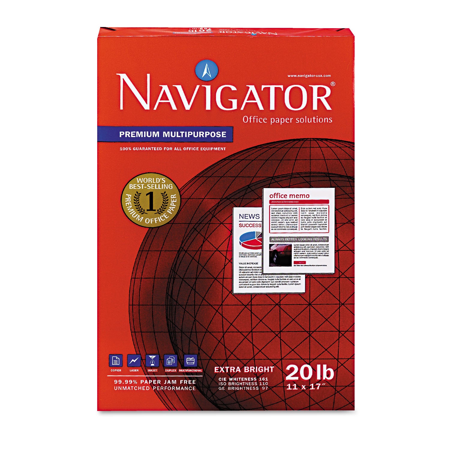 Navigator® Premium Multipurpose Copy Paper, 97 Bright, 20 Lb Bond Weight, 11 X 17, White, 500 Sheets/ream, 5 Reams/carton