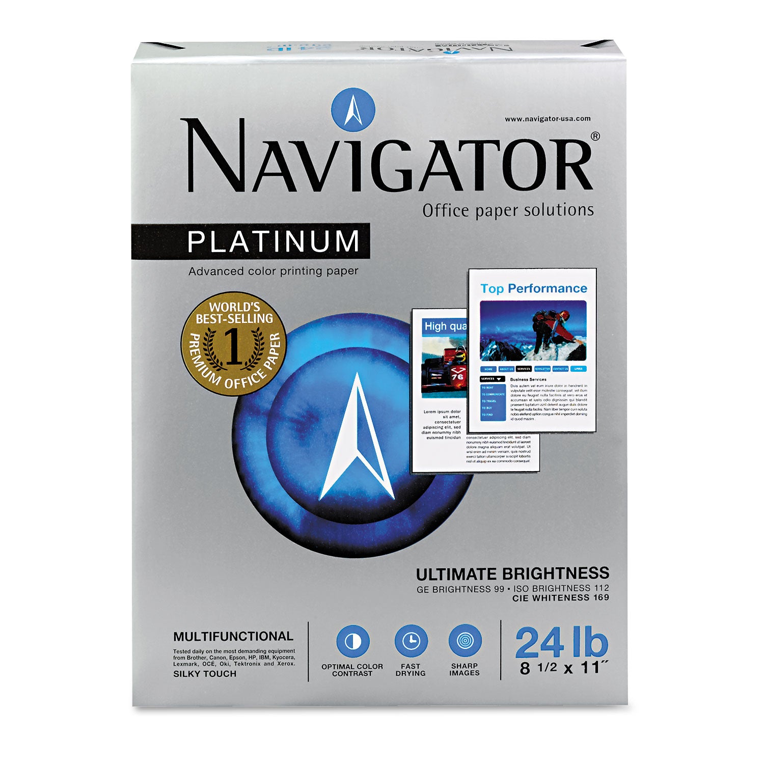 Navigator® Platinum Paper, 99 Bright, 24 lb Bond Weight, 8.5 x 11, White, 500 Sheets/Ream, 5 Reams/Carton