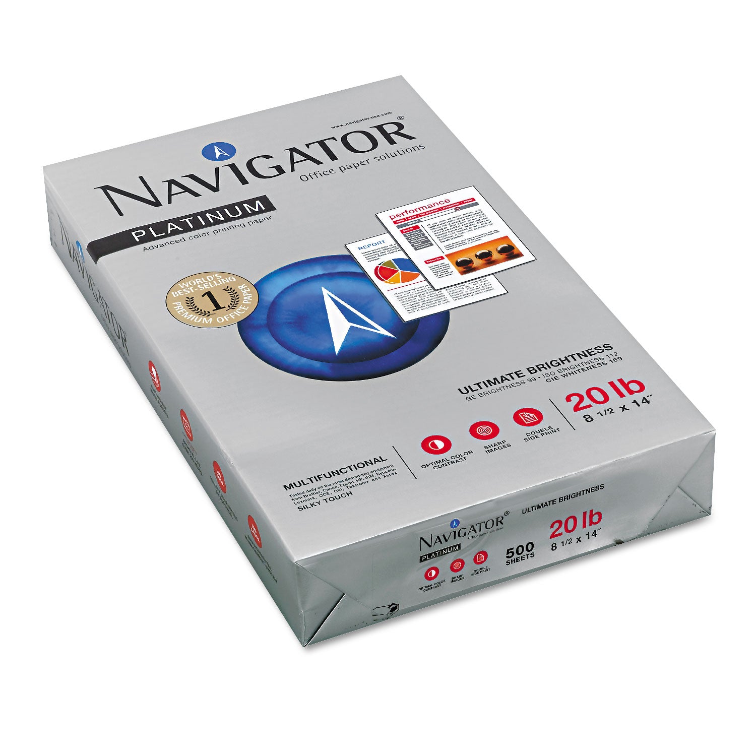 Navigator® Platinum Paper, 99 Bright, 20 lb Bond Weight, 8.5 x 14, White, 500 Sheets/Ream, 10 Reams/Carton