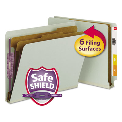 Smead™ End Tab Pressboard Classification Folders, Six SafeSHIELD Fasteners, 2" Expansion, 2 Dividers, Letter Size, Gray-Green, 10/BX Flipcost Flipcost