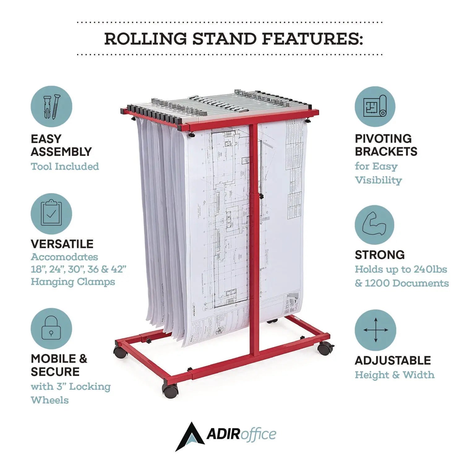 Blueprint Storage Cabinet Steel Vertical Plan Center, Assorted Document Sizes, 15" x 27" to 47.25" x 32.5" to 57", Red AdirOffice Flipcost