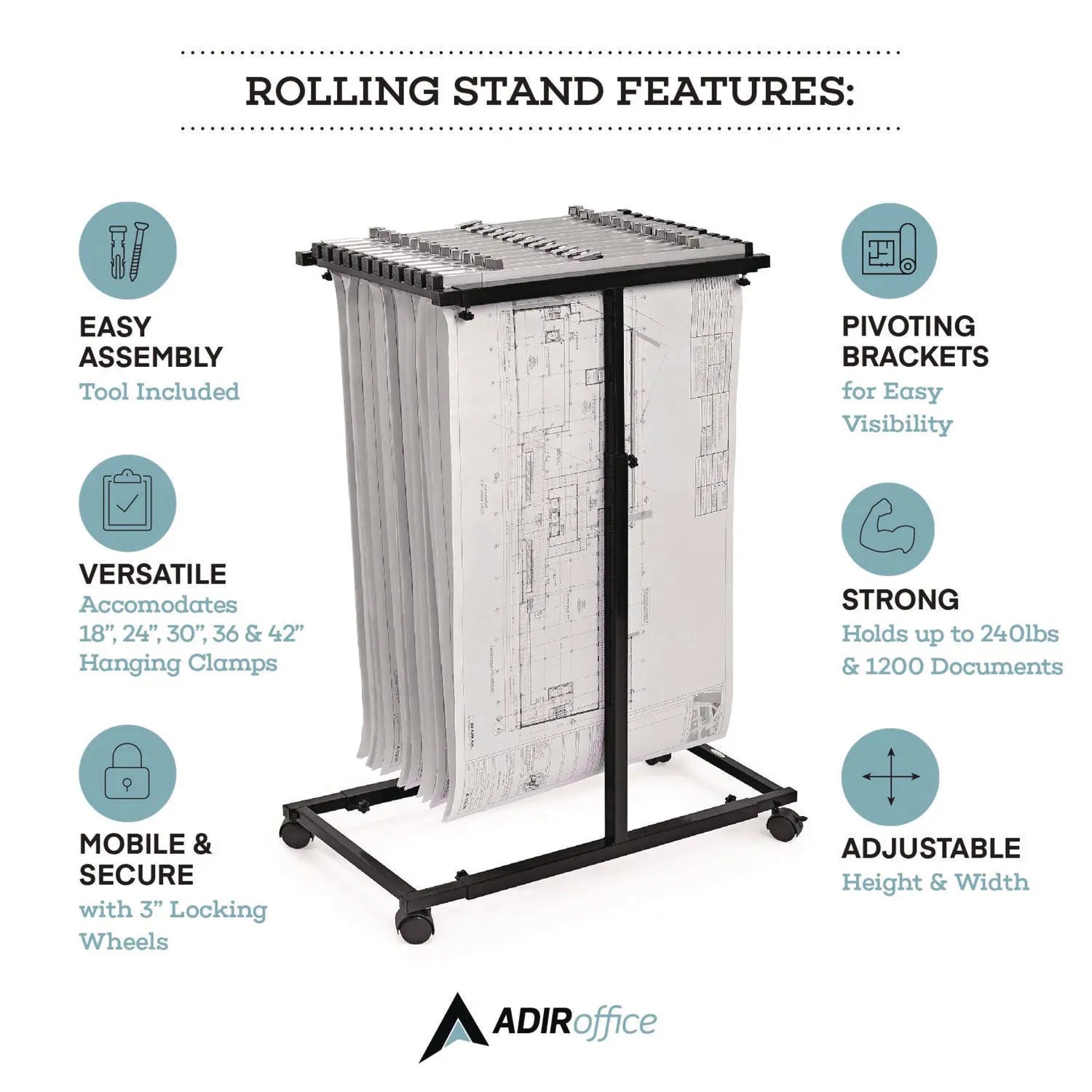 Blueprint Storage Cabinet Steel Vertical Plan Center, Assorted Document Sizes,15" x 27" to 47.25" x 32.5" to 57", Black AdirOffice Flipcost