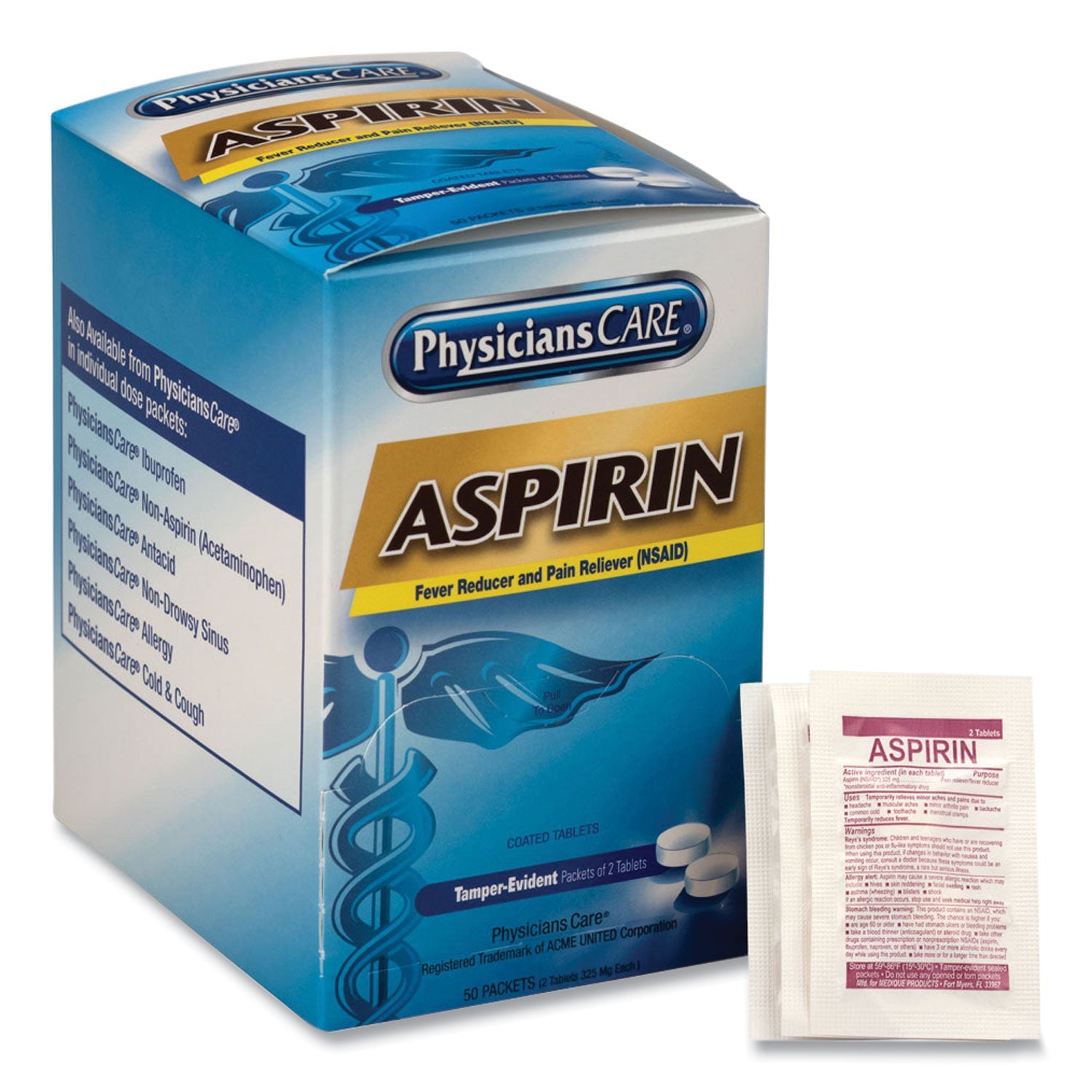 PhysiciansCare® Aspirin Medication, Two-Pack, 50 Packs/box
